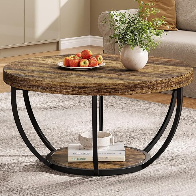 Round Coffee Table, 31.7" Wooden 2-Tier Circle Coffee Table with Storage Shelves