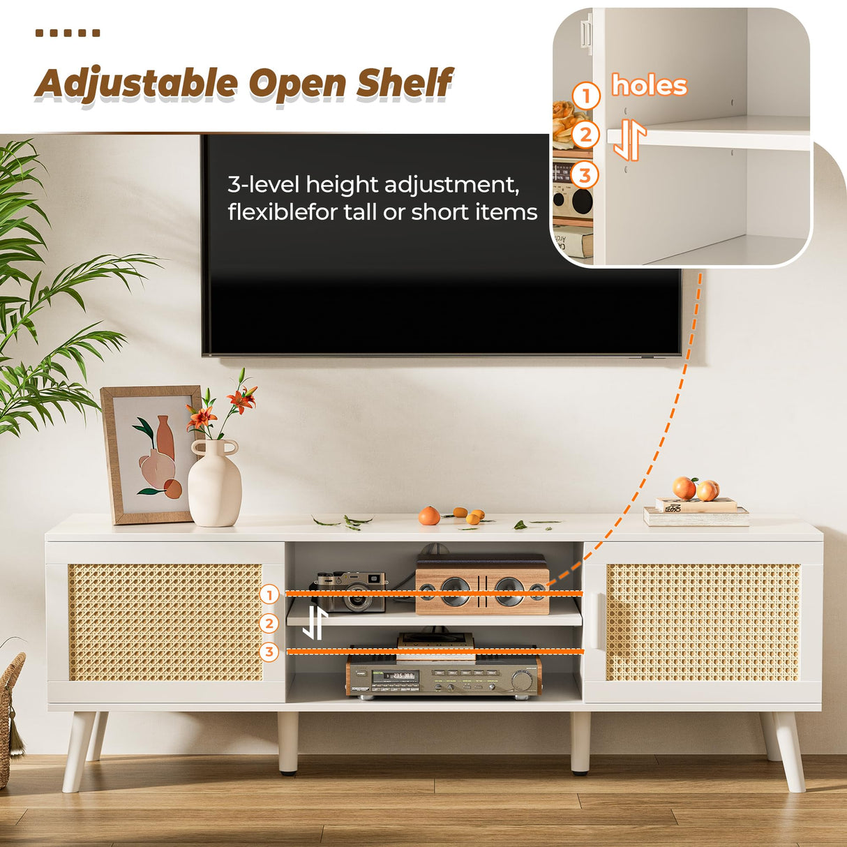 55 Inch TV Stand, Entertainment Center with Adjustable Shelf, Rattan TV Console