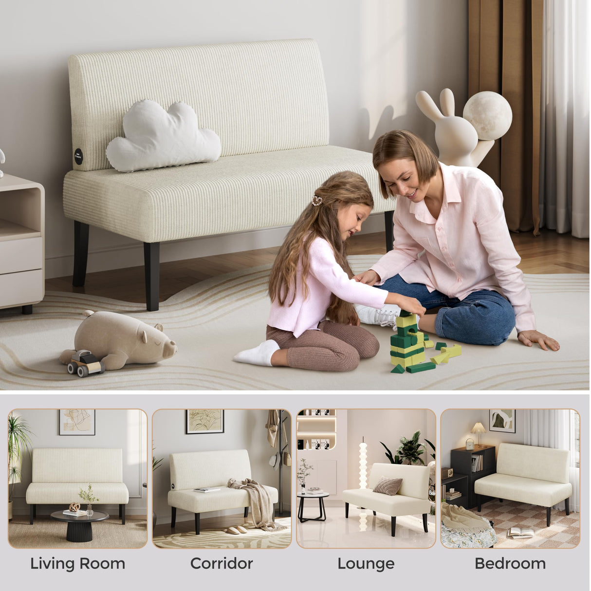 Compact Armless Loveseat Futon - Corduroy Fabric Sofa for Small Spaces