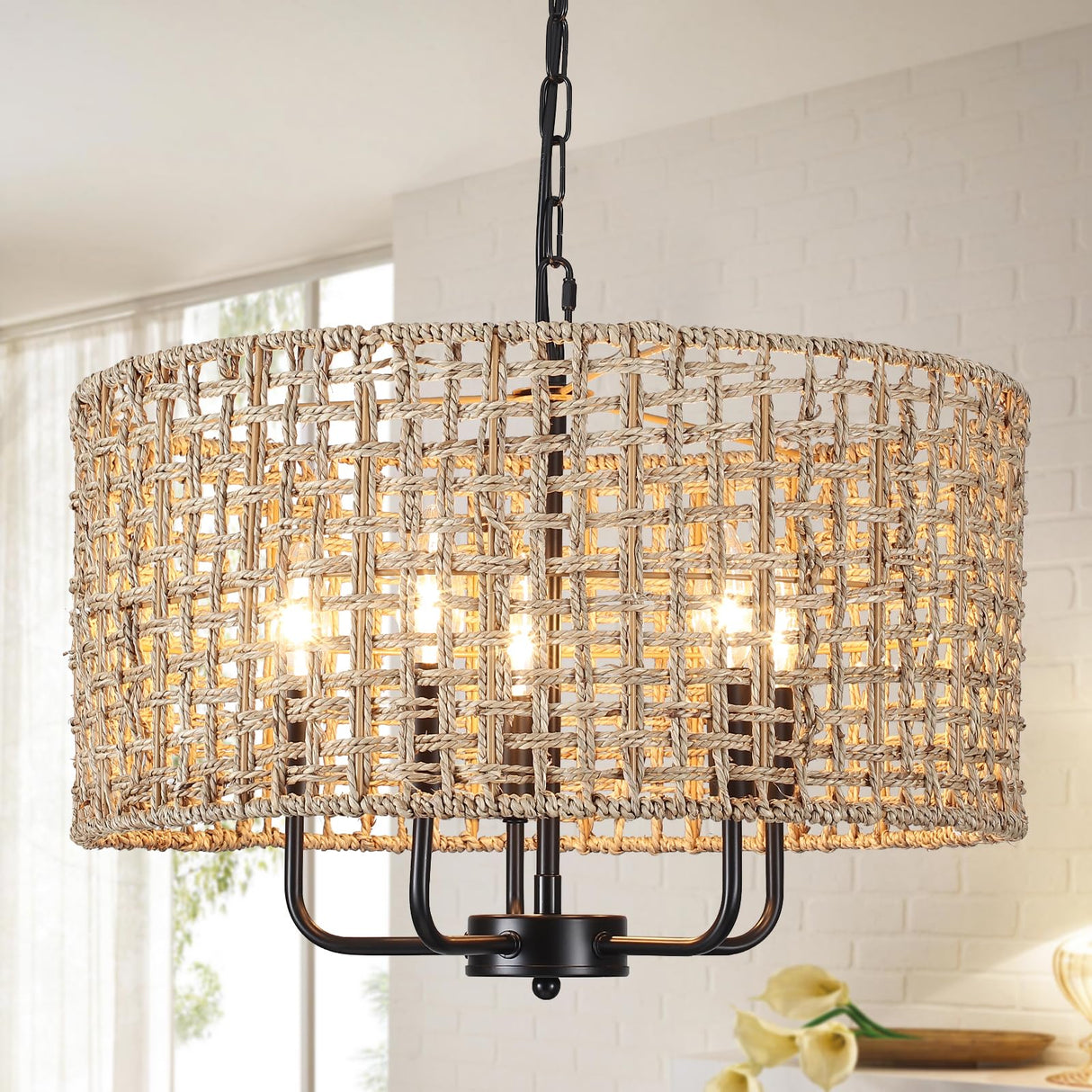 Rattan Chandelier for Dining Room 5-Light Boho Chandeliers Light Fixture Brown and Black