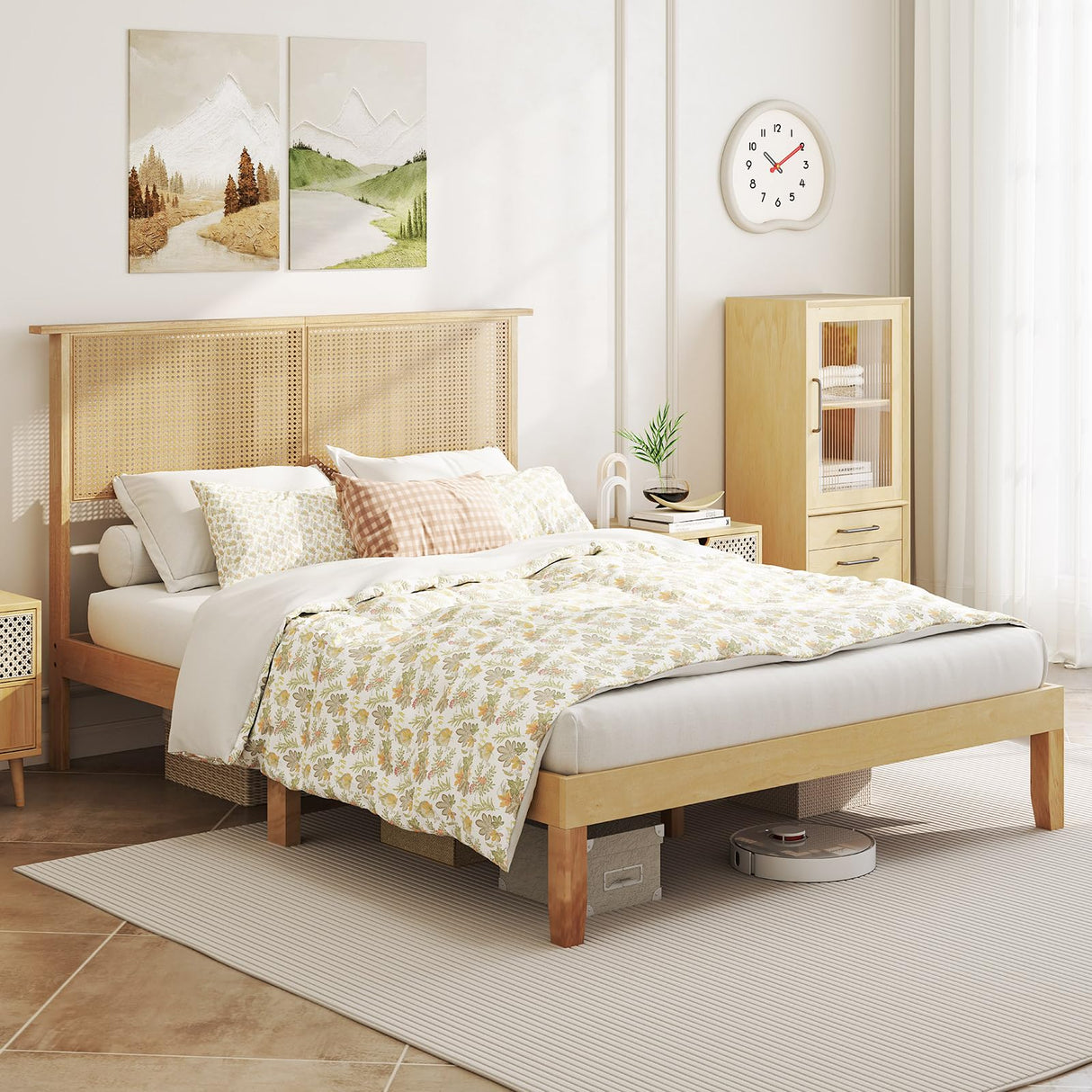 Full Size Wood Platform Bed Frame with Rattan Headboard