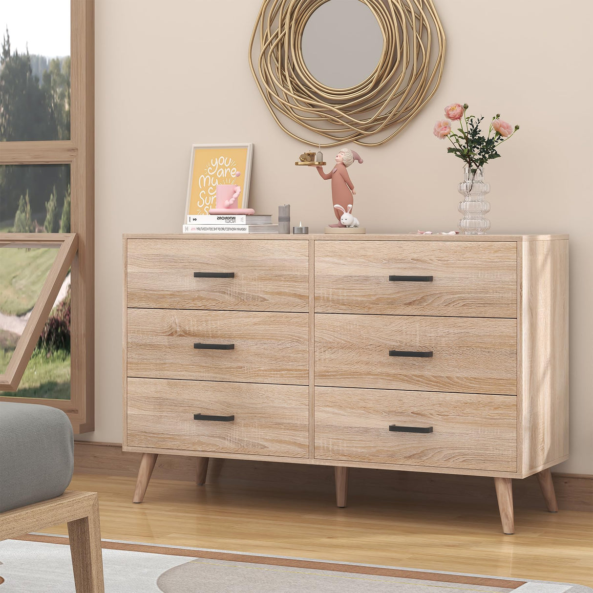Wood Dresser for Bedroom, 6 Drawer Dresser with Metal Handles