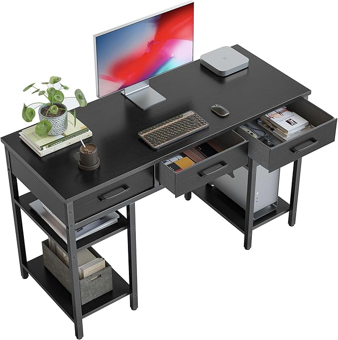 Office Small Computer Desk, Home Table with Fabric Drawers & Storage Shelves