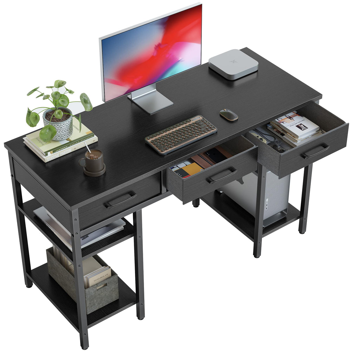 Office Small Computer Desk, Home Table with Fabric Drawers & Storage Shelves
