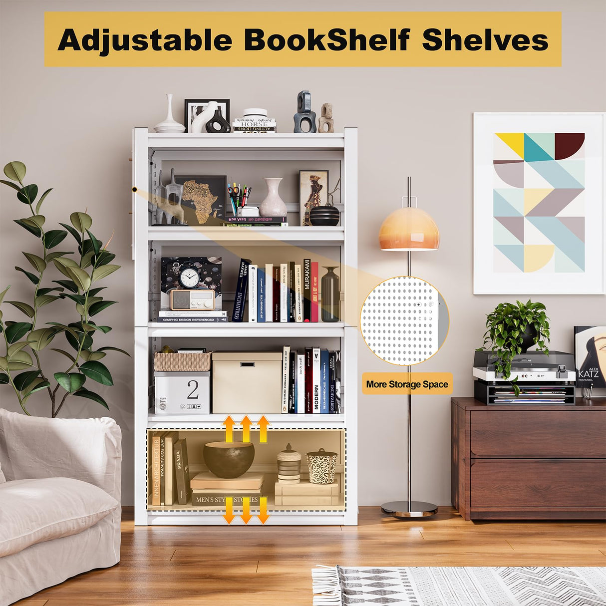ZONLESON 63" Heavy Duty Bookshelf Metal Bookcase with Pegboard Bookend and Fence 5 Tier Adjustable Bookshelves for Home Office and Study,White