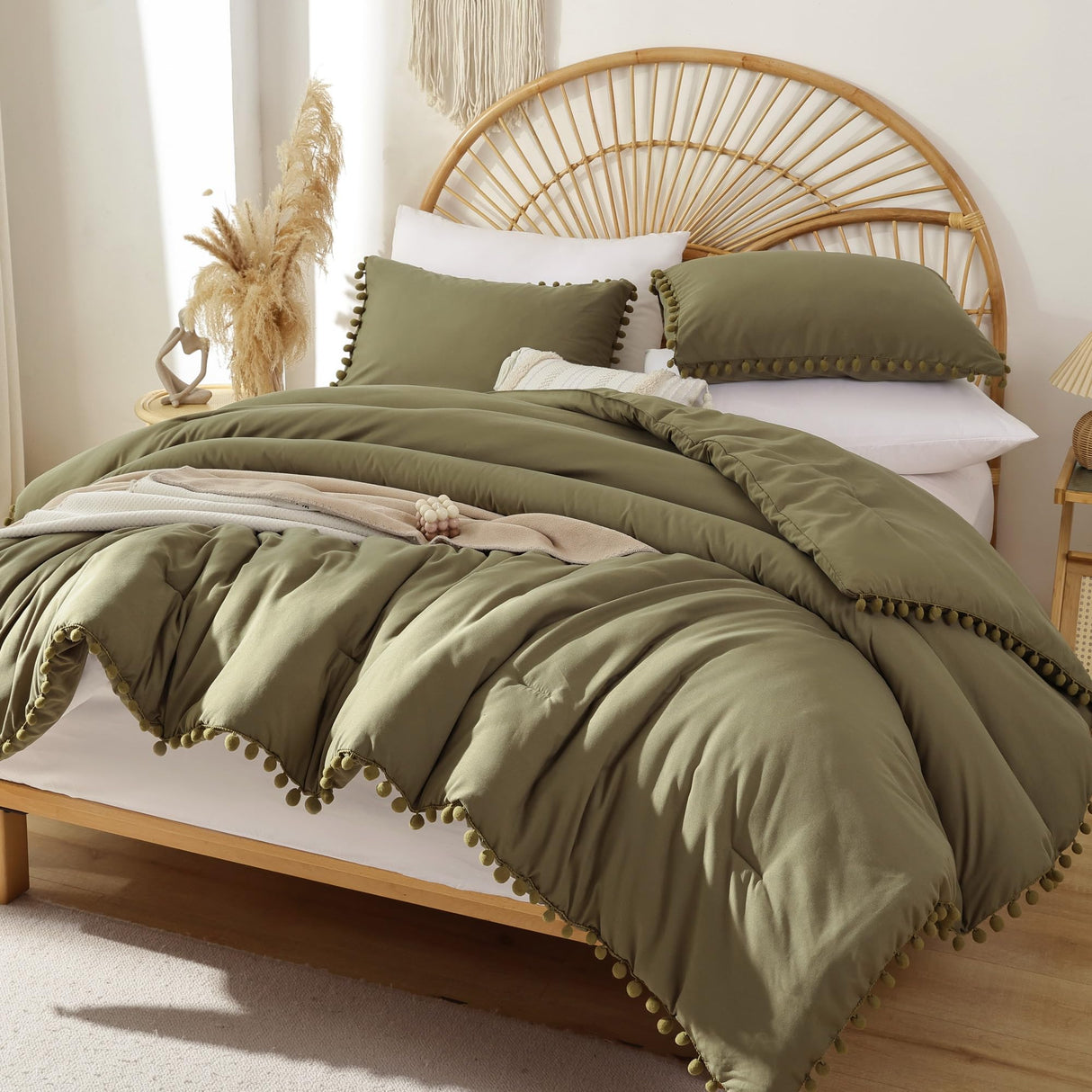 Queen Comforter Set - Comforter Queen Size Sets with Ball Pom Fringe