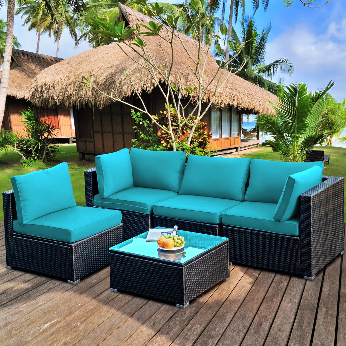5-Piece Outdoor Patio Furniture Set - Rattan Wicker Sectional Sofa with Coffee Table & Cushions