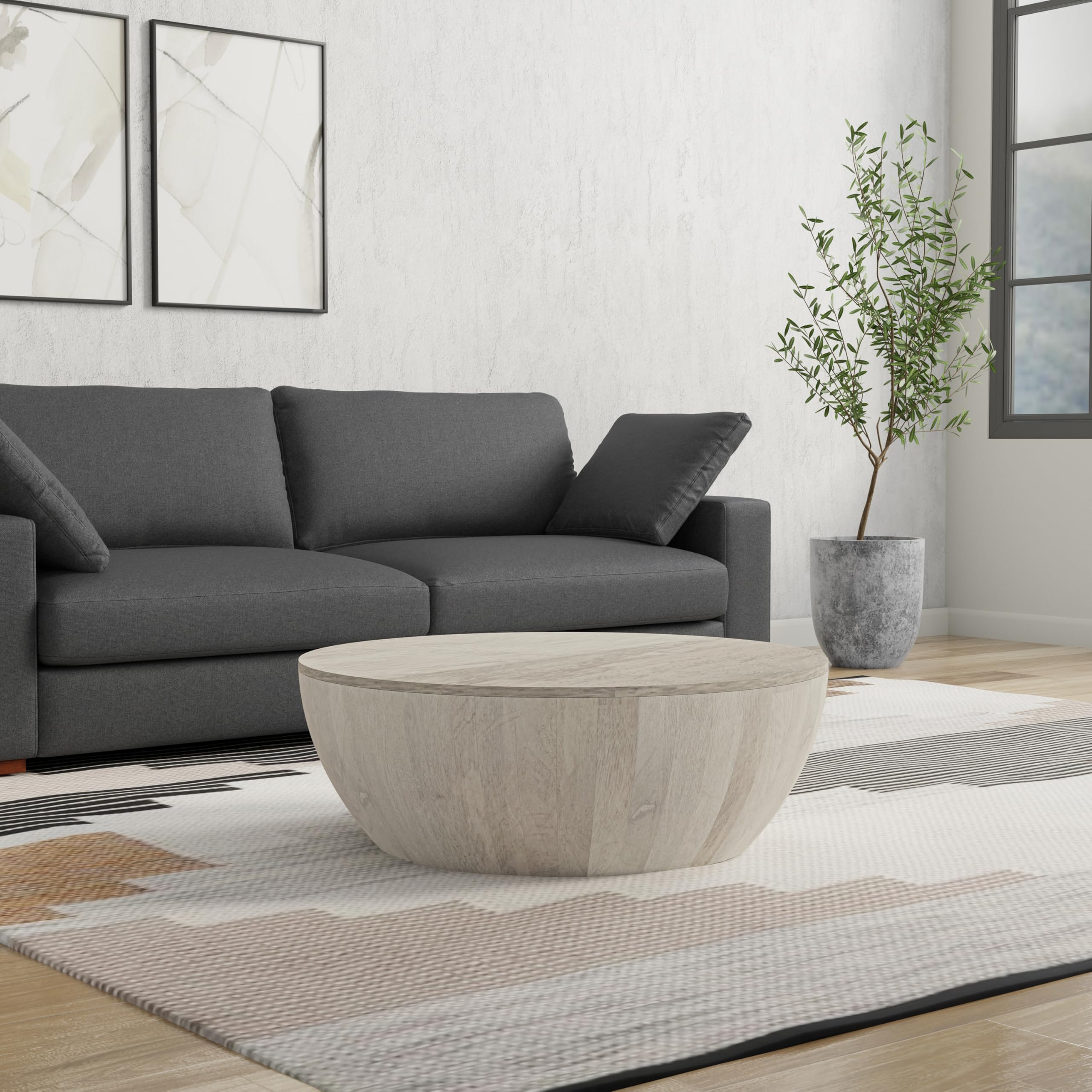 Elmbrook Solid Mango Wood 34 inch Wide Round Modern Urban Drum Coffee Table in White Wash