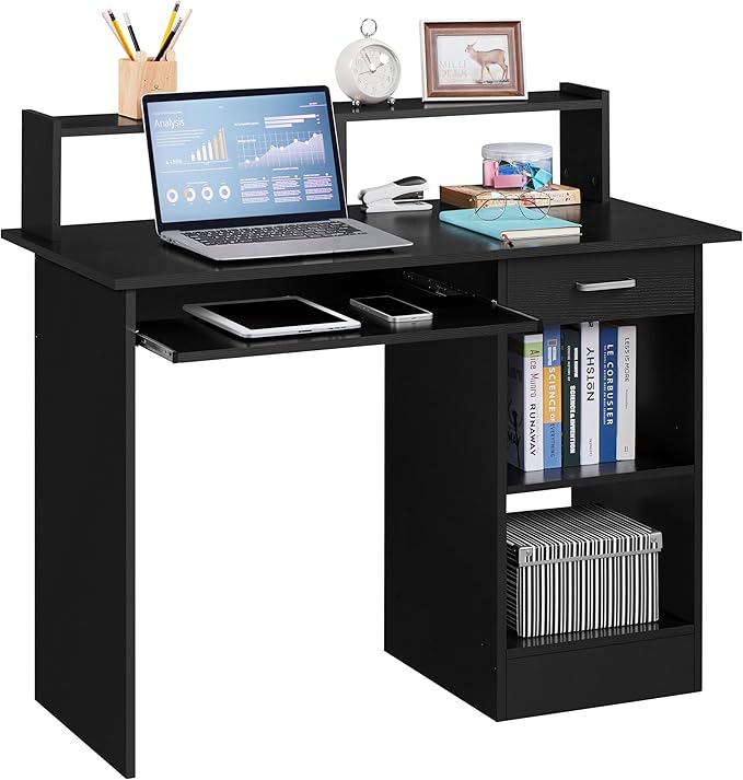 Home Office Wood Computer Desk with Drawers and Pull-Out Keyboard Tray