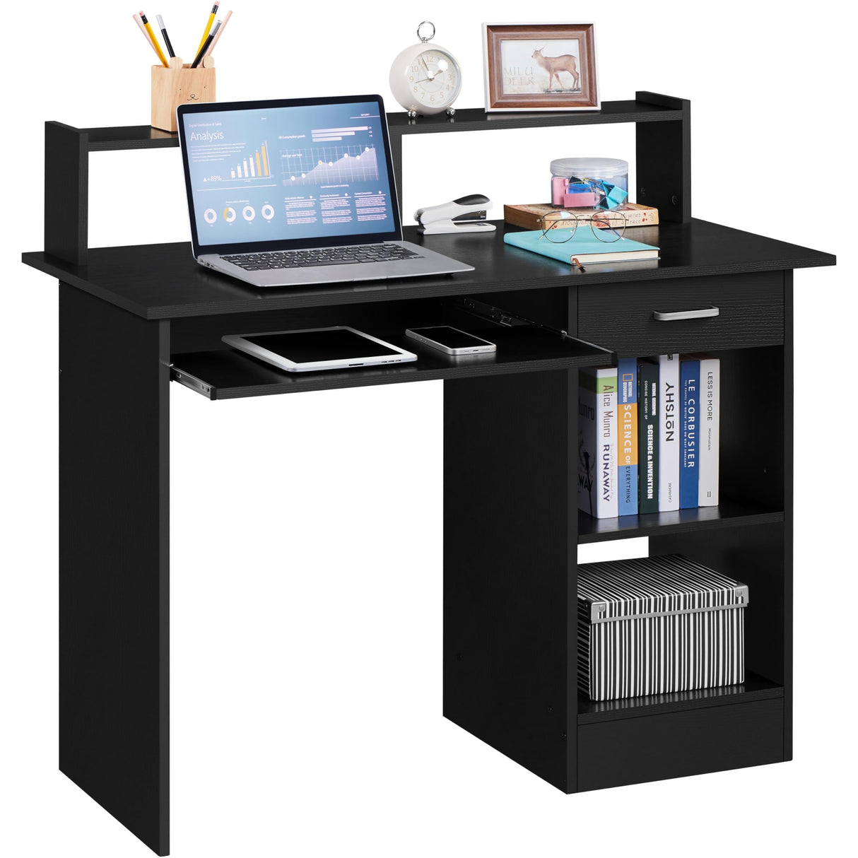 Home Office Wood Computer Desk with Drawers and Pull-Out Keyboard Tray