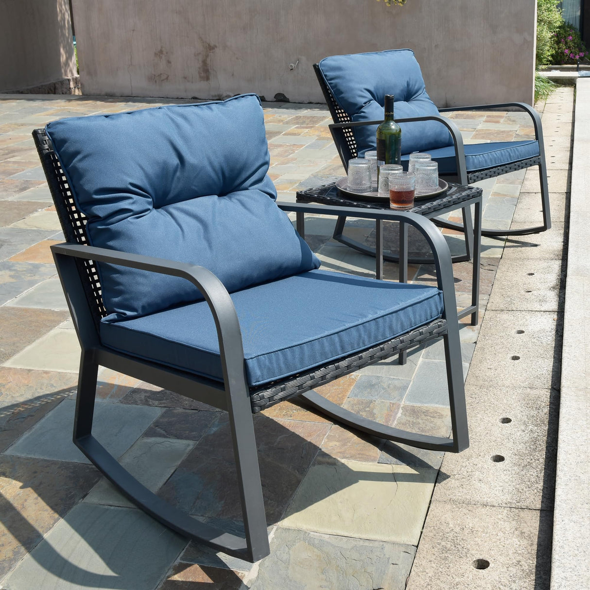 Patio Rocking Chair Outdoor Bistro Set (Dark Blue, 3PIECES)