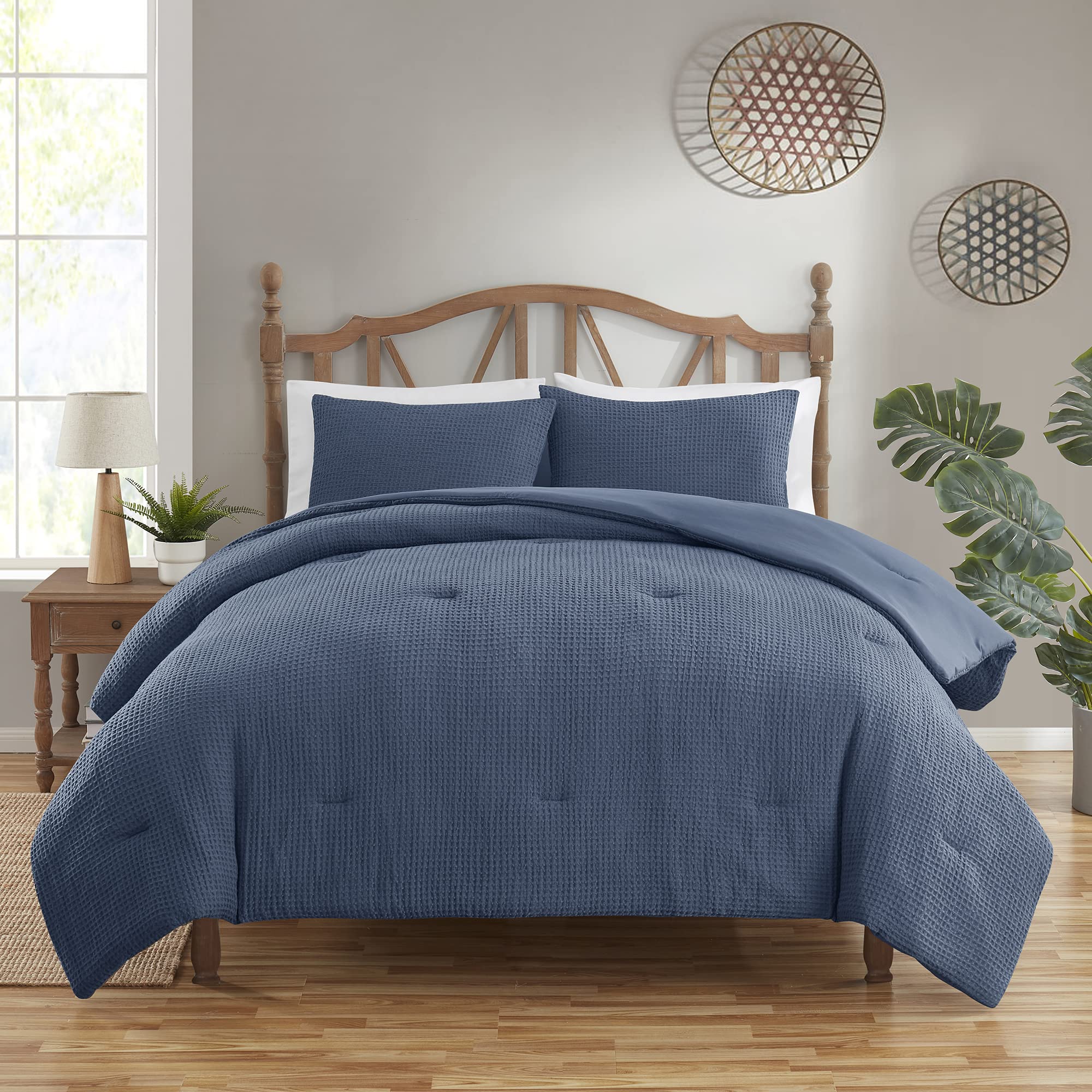 Set 3 Piece Waffle Weave Ultra Soft Bedding Collection with Shams, Queen, Navy Blue (Pack of 3)