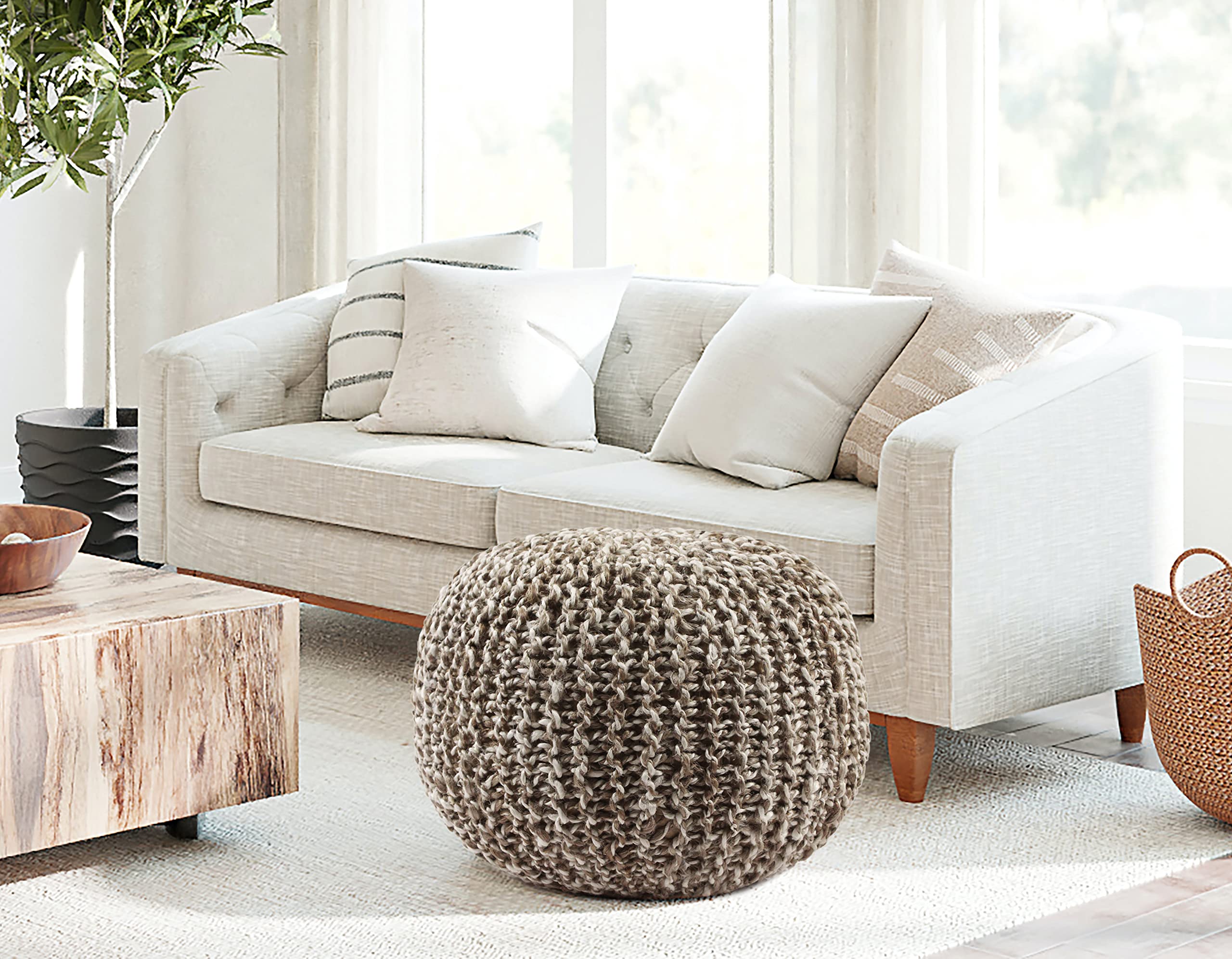 Jute Cotton Pouf - Tweed Knitted Braid Dori Cord Ottoman Footstool Bean Bag