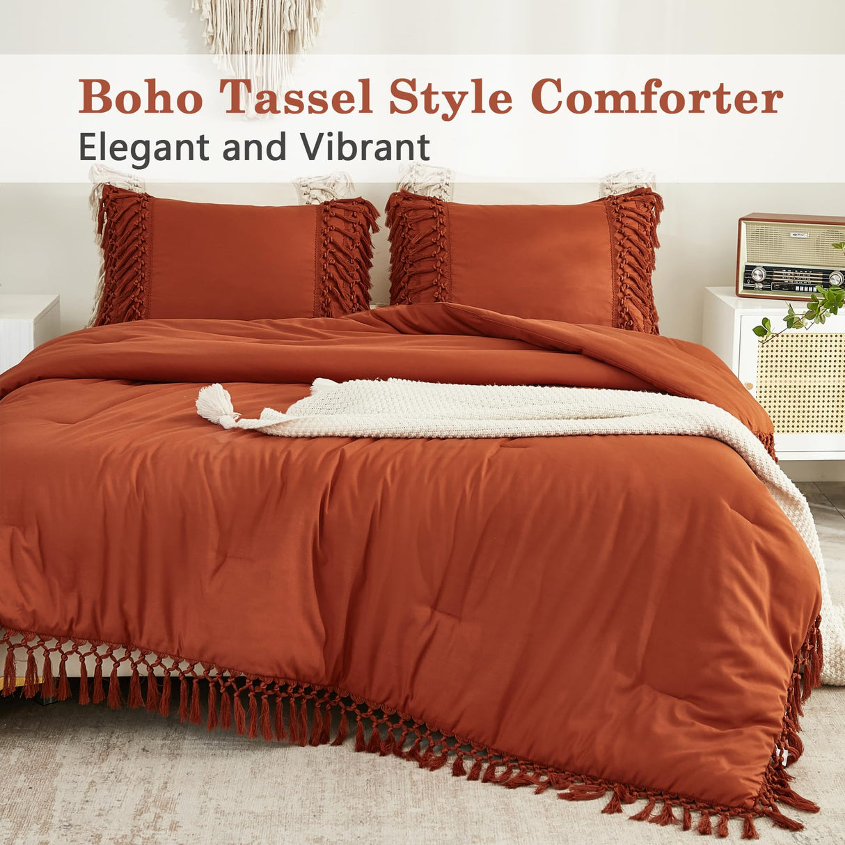 Queen Comforter Set Burnt Orange, 3 Pieces Boho Terracotta Lightweight Fall Bedding