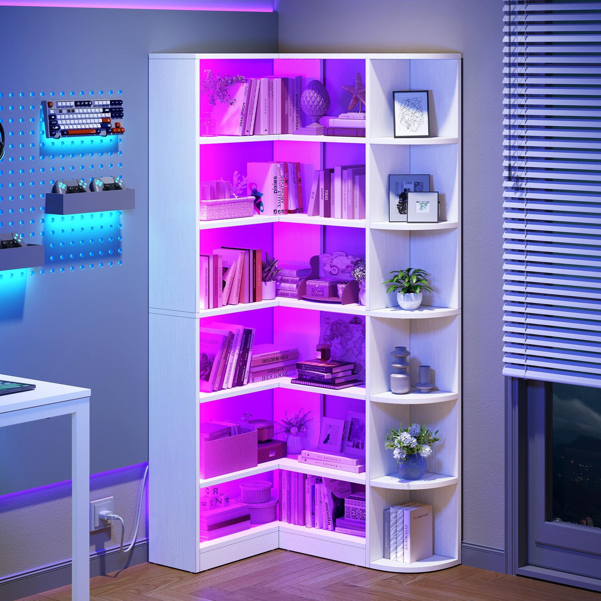 6 Tier Corner Bookshelf with LED Light, White Bookshelf L-Shaped Bookcase Storage