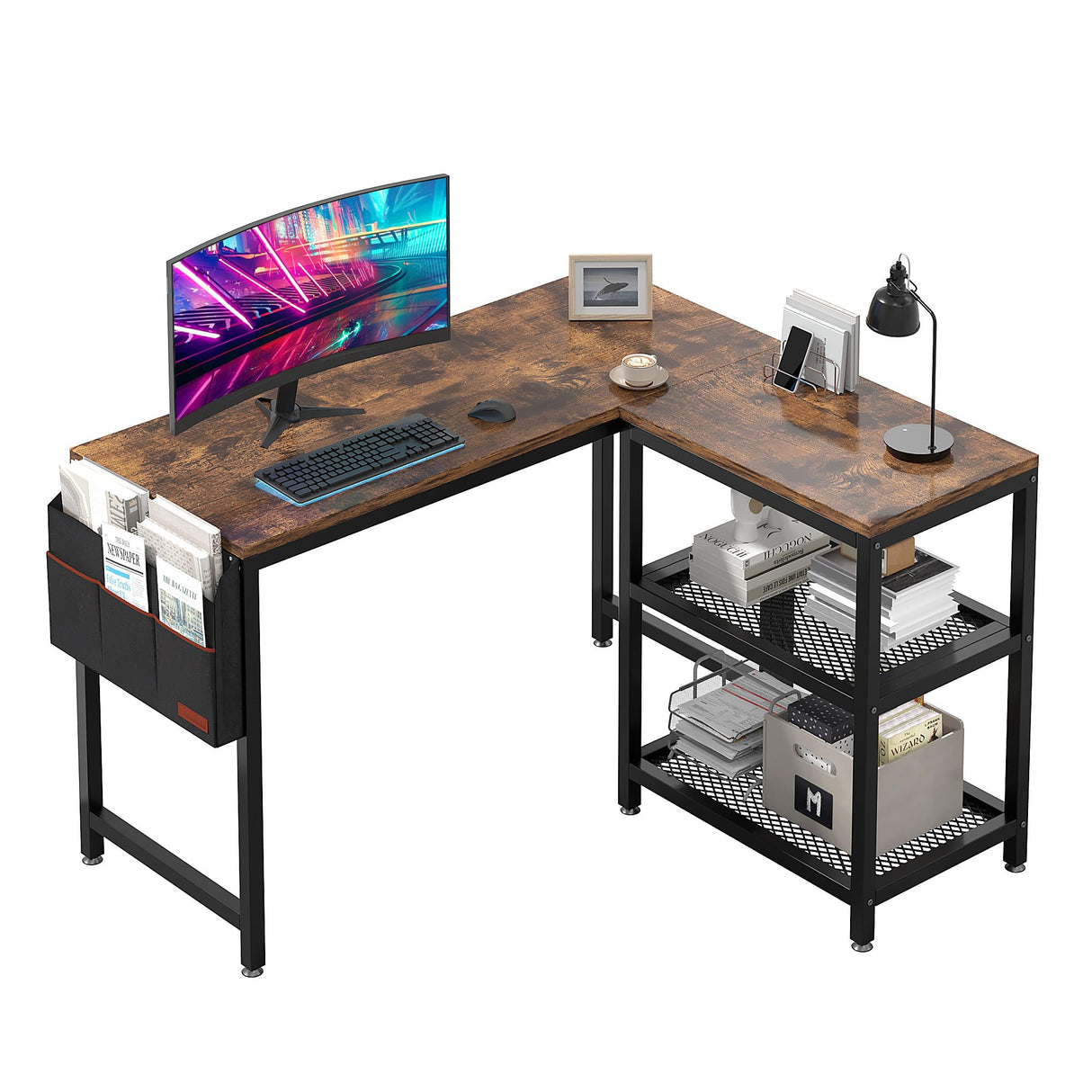 L Shaped Computer Desk, 47" PC Writing Study Workstation with Reversible Storage Shelves and Bag, Home Office