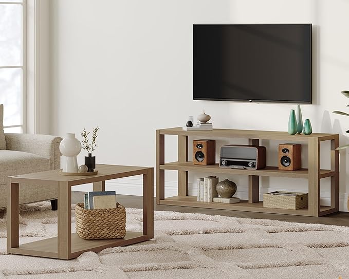 Farmhouse Wood Coffee Table - Boho Table with Storage Shelf