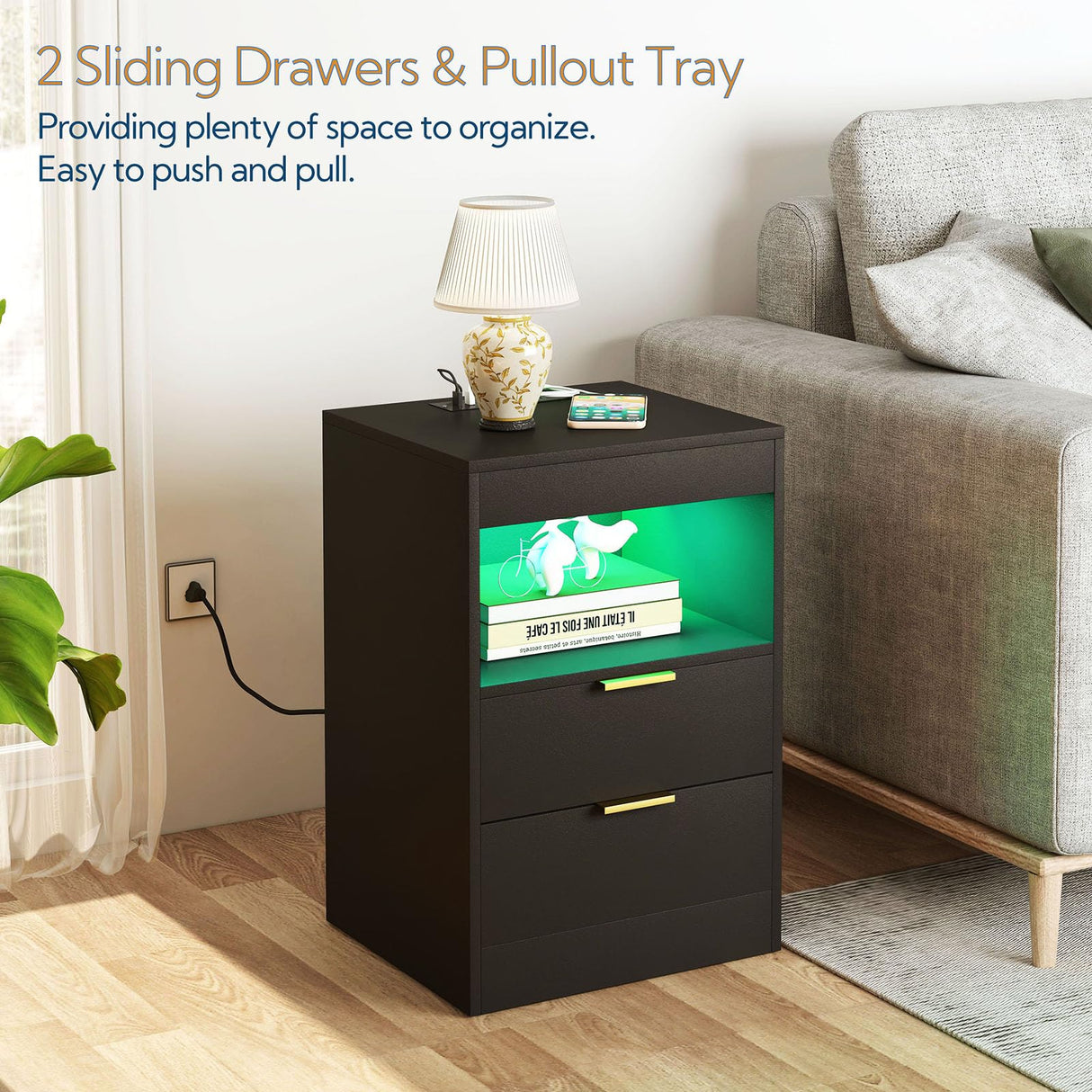 Night Stand, Bedside Table, LED Nightstand with Charging Station, Modern Night Stand