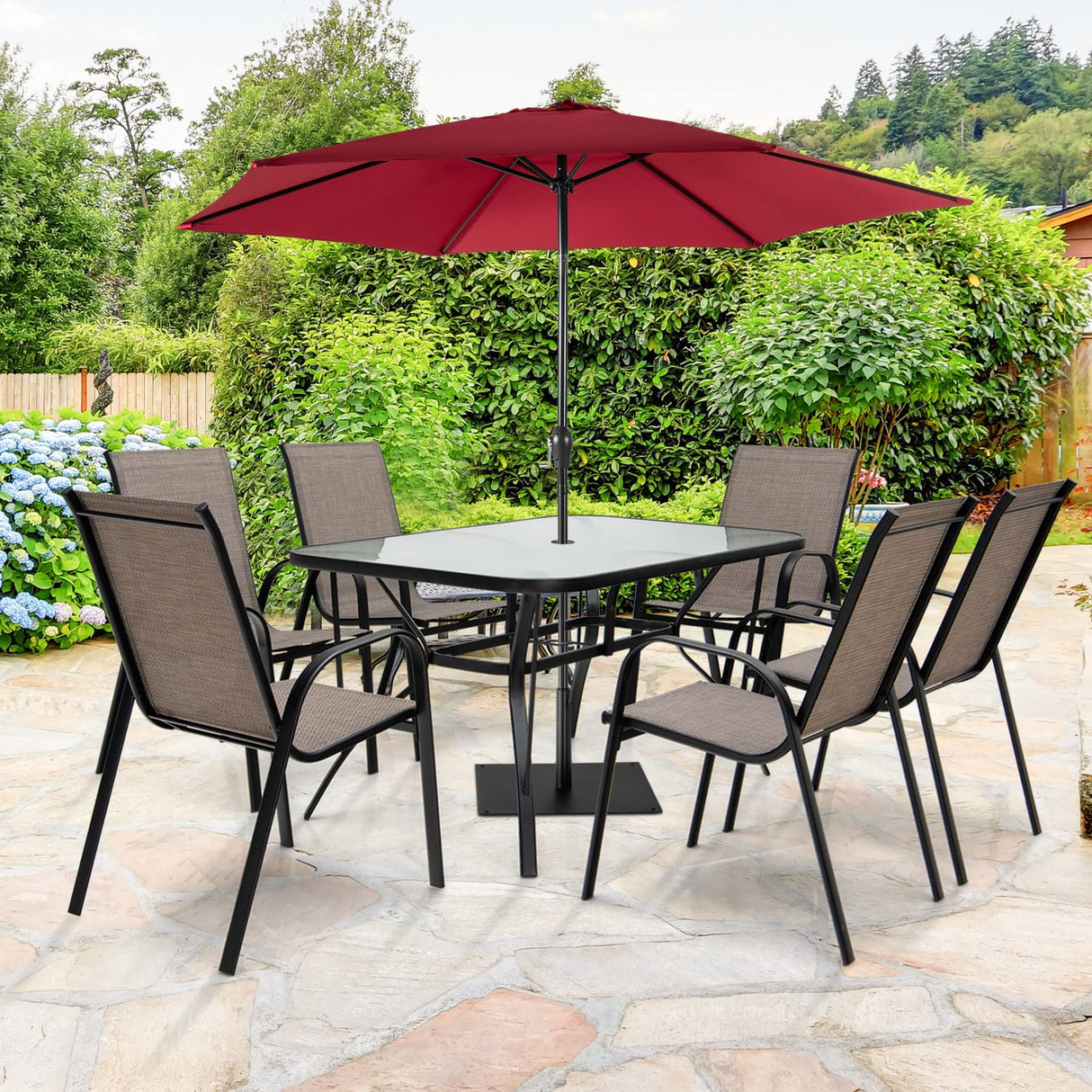 7 Piece Patio Dining Set, Outdoor Dining Table Set with 6 Stackable Chairs