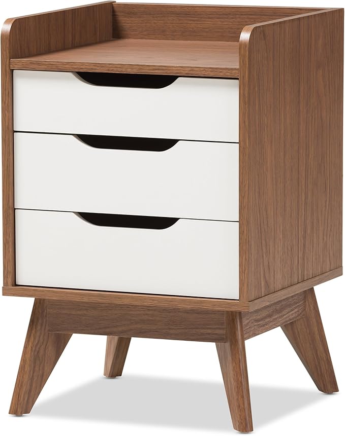 Maddy Mid-Century Modern Wood 3-Drawer Storage Nightstand, White/Walnut Brown
