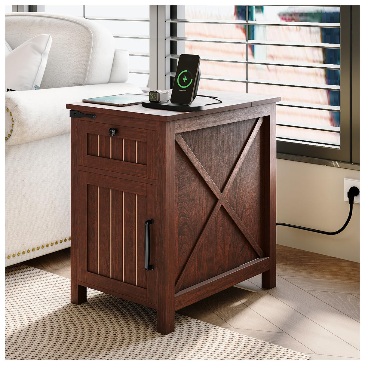 with Charging Station,Industrial/Farmhouse End Table with Drawers & Cabinet,Side Table with Door and Storage Shelf,Side Tables for Living Room,Bedroom,Office (Rustic Cherry)