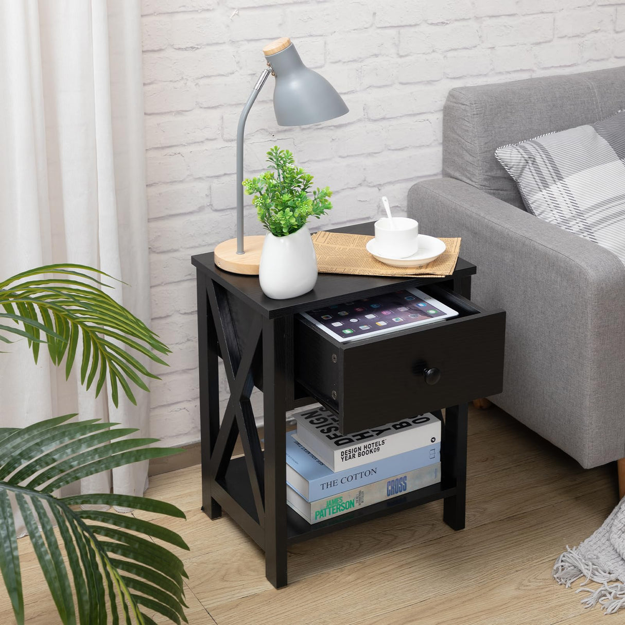 Black Nightstand Set of 2,Bedroom Nightstand with Drawer,Small Nightstand Set of 2,Mid