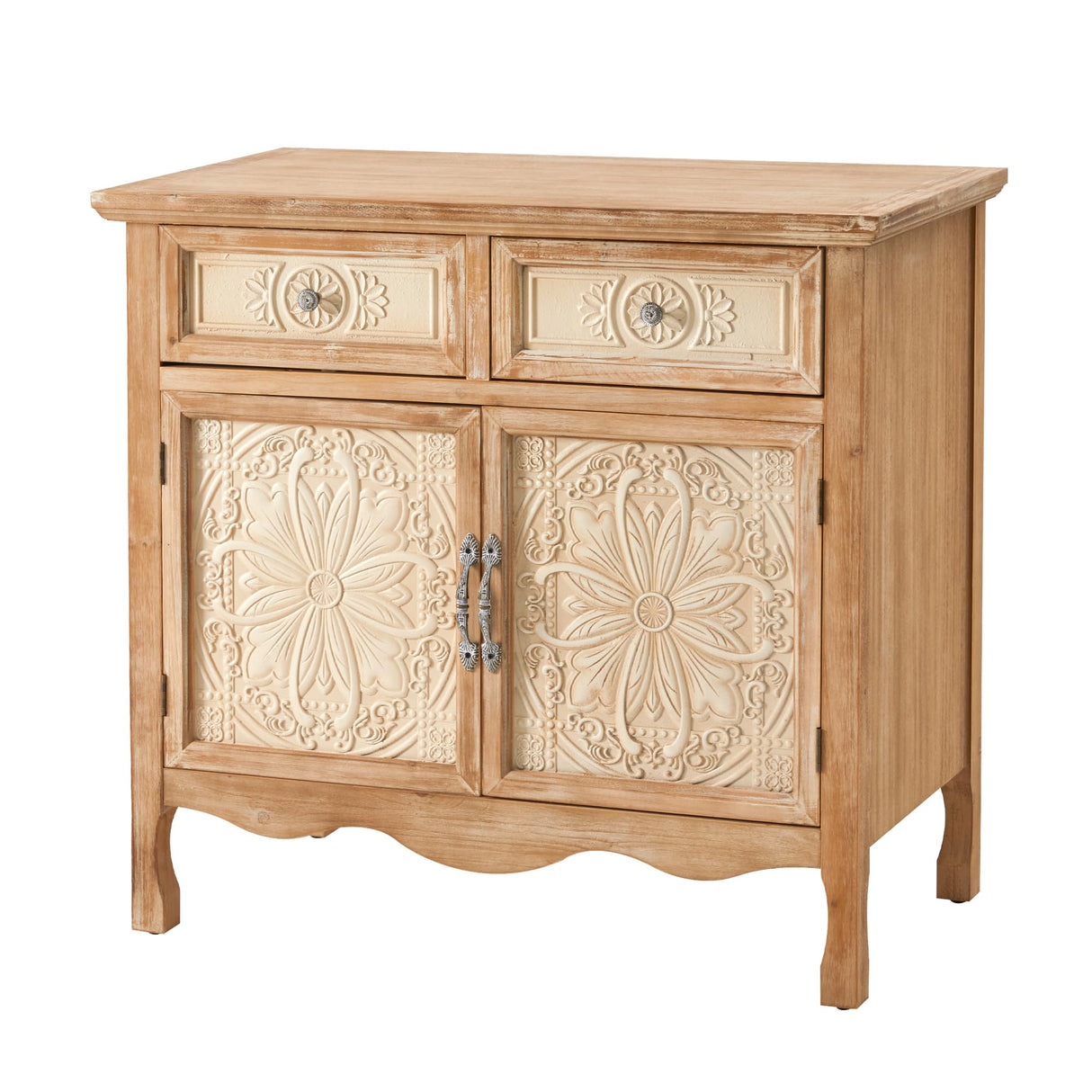Rustic Wood Sideboard Cabinet with 2 Drawers & Carved Doors - Storage Console