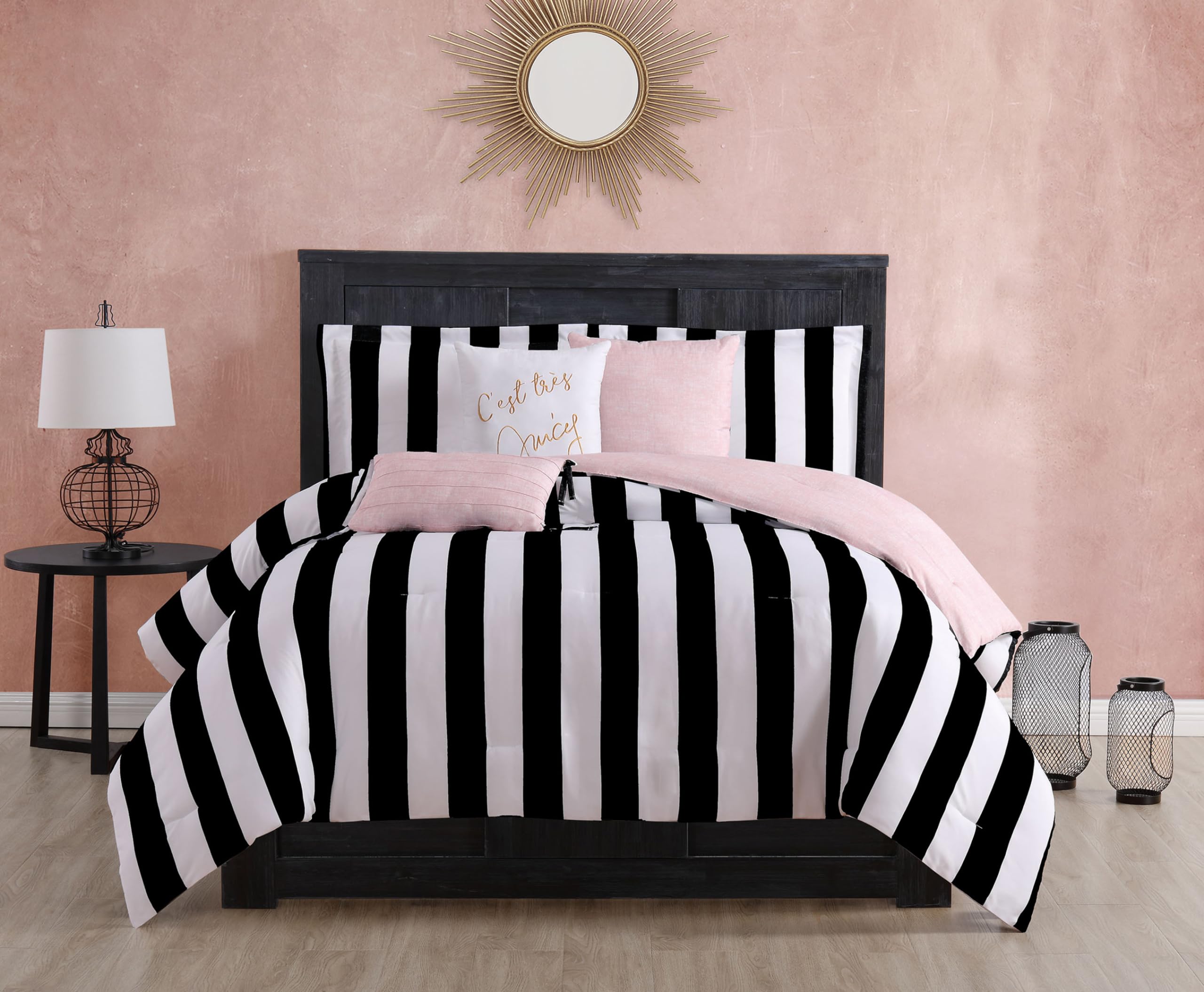 Cabana Stripe Reversible Bedding Set - Queen Size - Black and White Stripe Print – 6