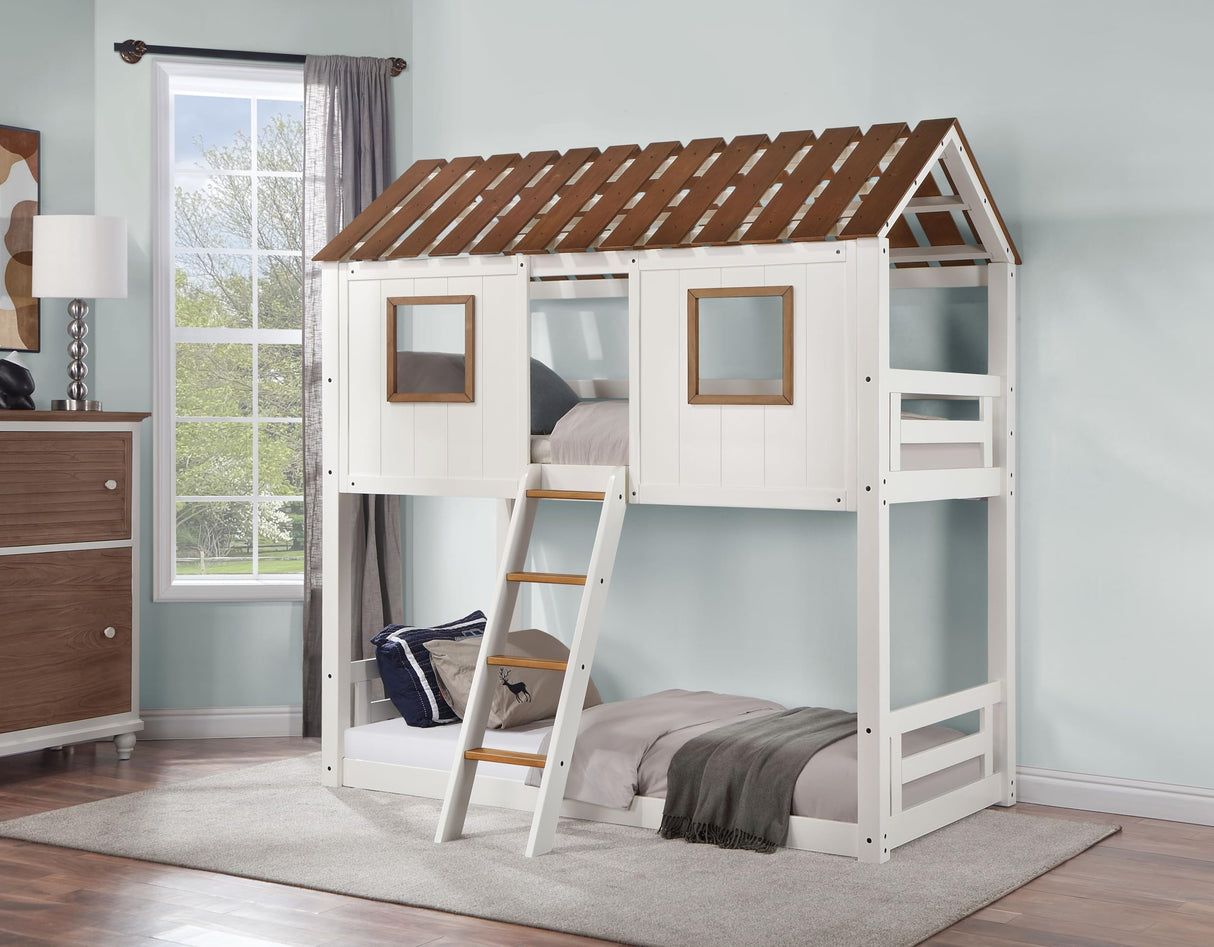 Inara Twin Over Twin Bunk Bed in White and Rustic Oak