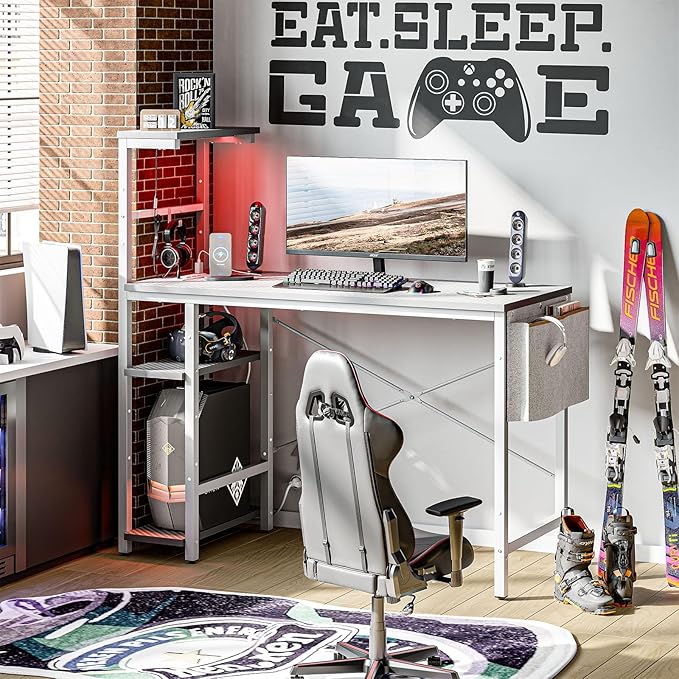 Gaming Desk with LED Lights, 44 Inch PC Gamer Desk for Small Spaces, Computer Desk