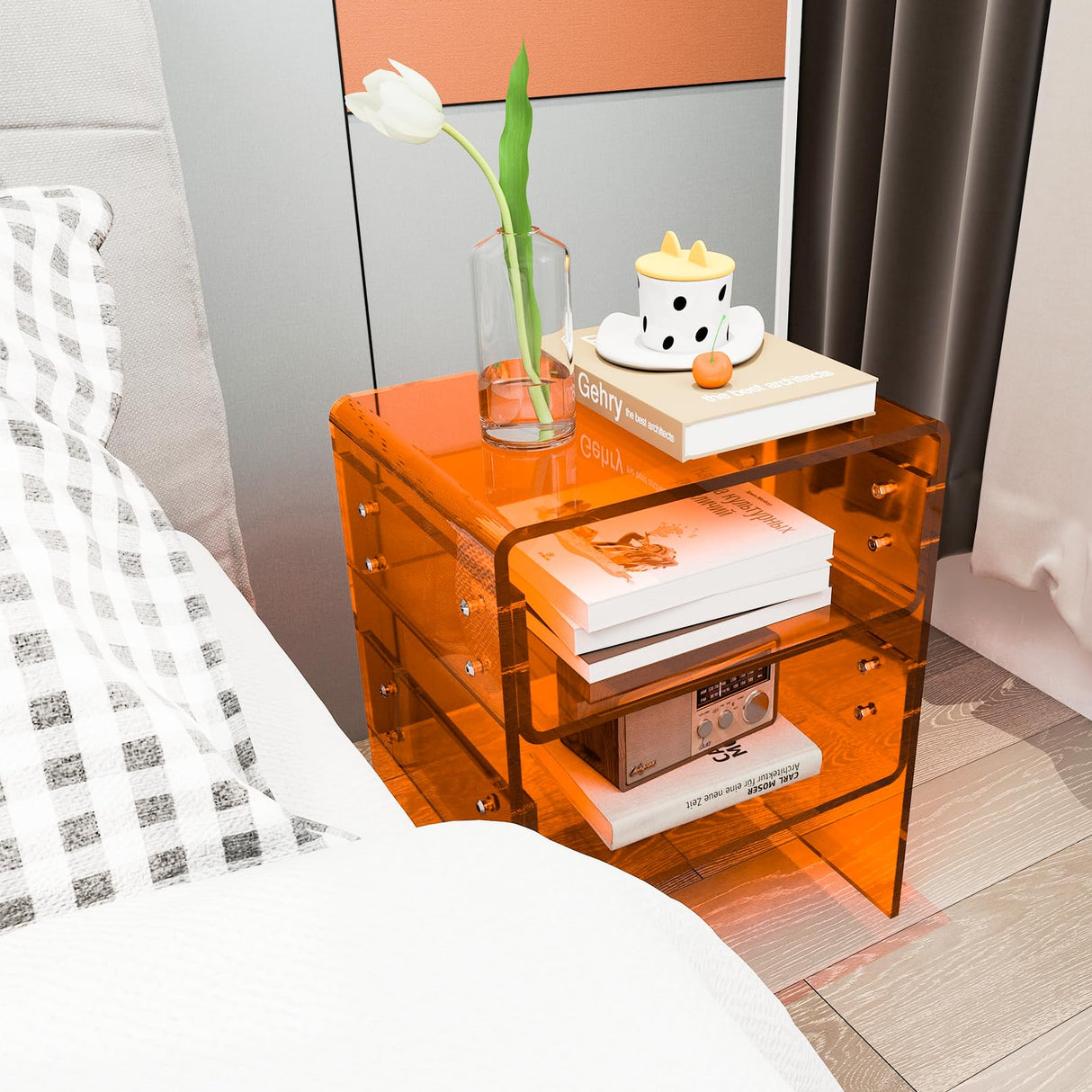 3 Tier Storage Shelf, Orange Acrylic Nightstand