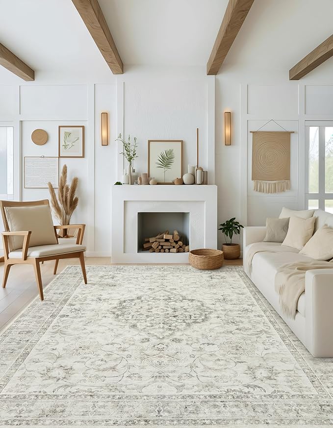 Machine Washable Rug 5x7 Sage Green Rugs for Living Room, Non Slip Vinatge Rug Boho