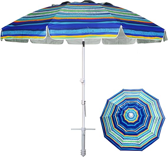 8 Feet Large Beach Umbrella with Sand Anchor Heavy Duty High Wind Portable Outdoor