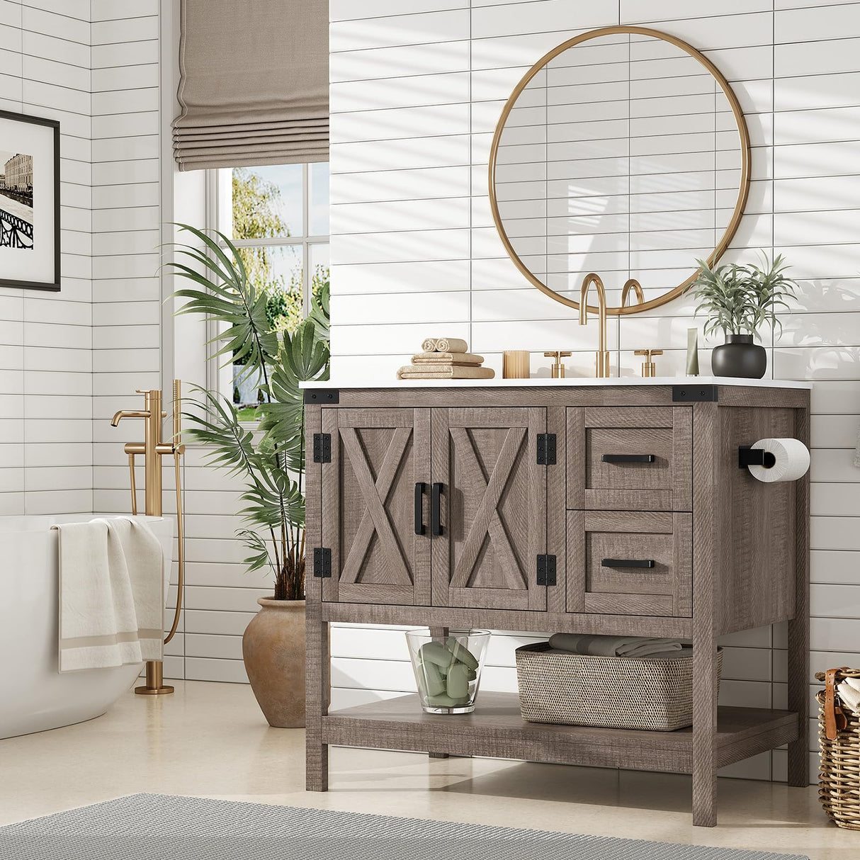 36" Farmhouse Bathroom Vanity with Sink Combo, Wood Barn Door Freestanding Small Single Bath Storage Cabinet