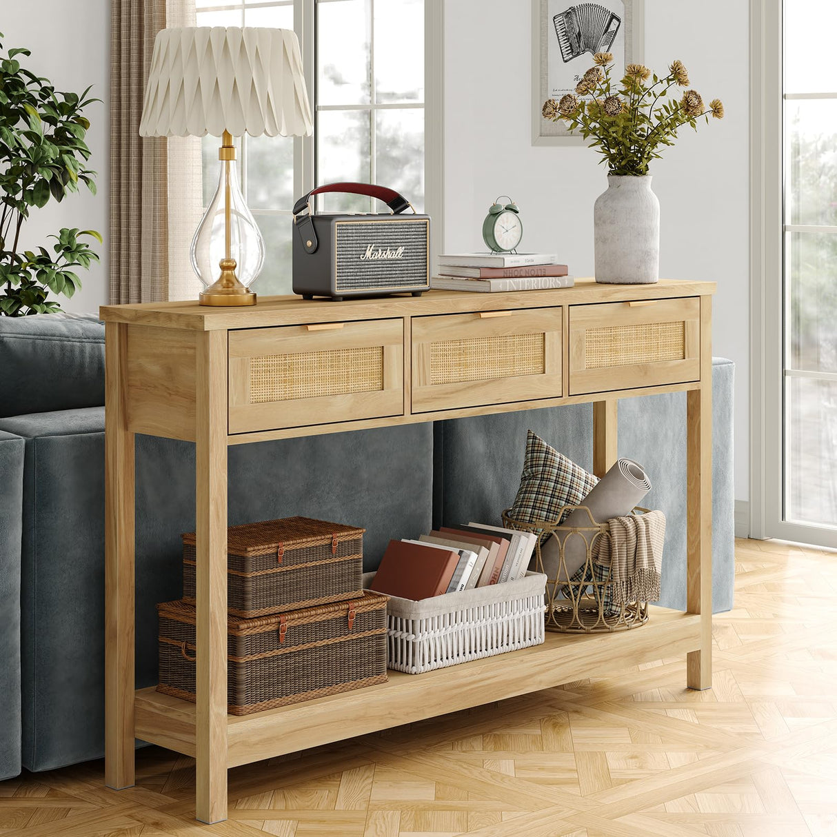 Rattan Console Table Boho Entryway Table Narrow Long Sofa Table Hallway Foyer Table Behind Couch Table with 3 Drawers and Open Storage Shelf for Living Room and Corridor Natural Wood