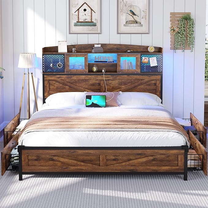 Farmhouse Full Size Metal Bed Frame with Storage Shelf Headboard