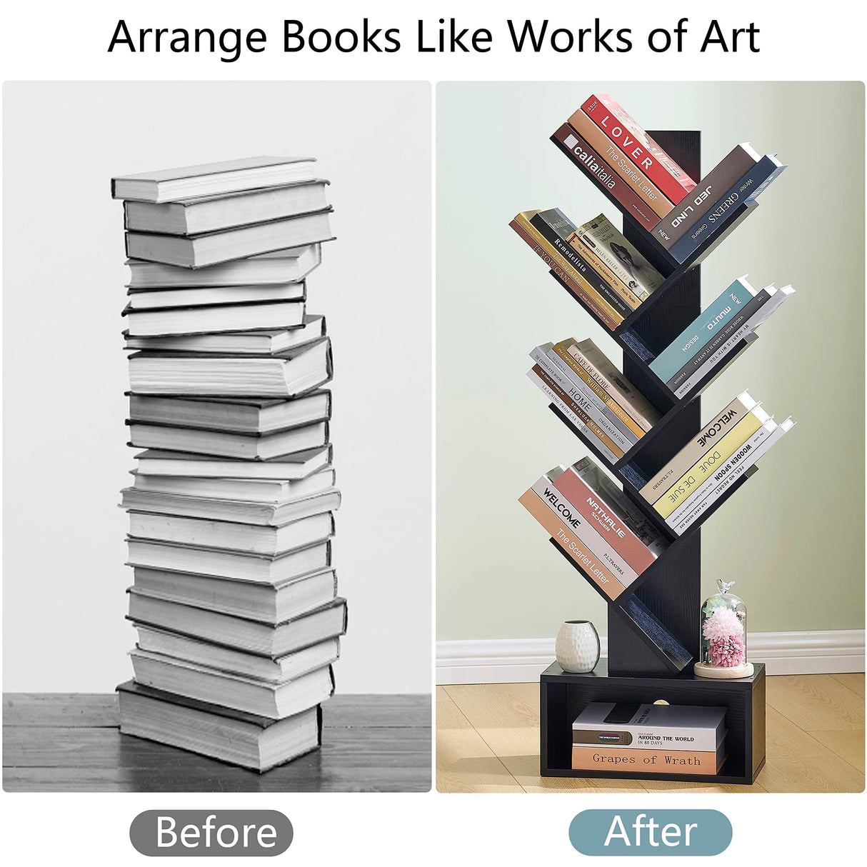 Hoctieon 6 Tier Tree Bookshelf, Tall Bookcase with Drawer, Freestanding Book Shelf, Display Floor Standing Storage Shelf, Book Organizer Shelves for Home Office, Living Room, Bedroom, Black