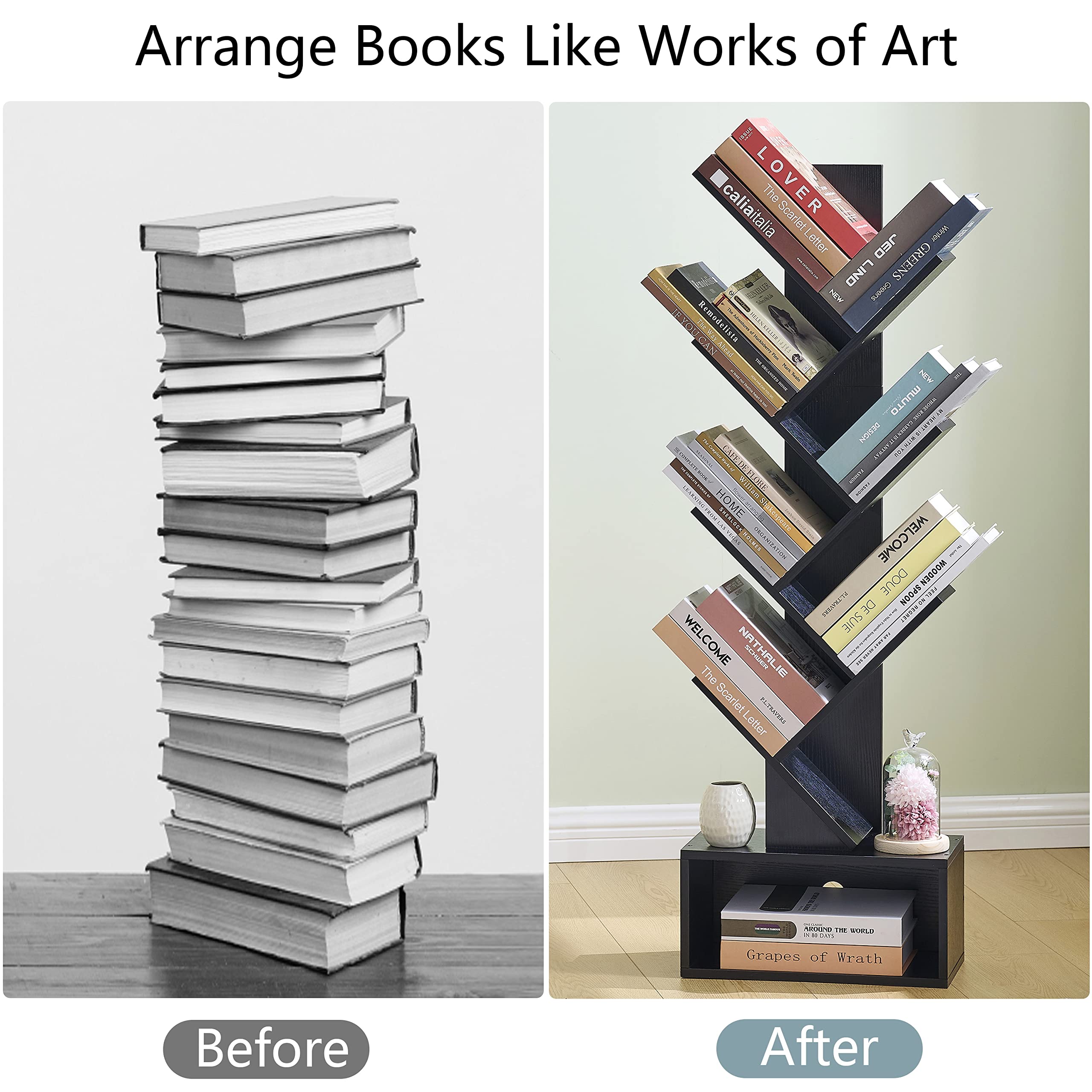 Hoctieon 6 Tier Tree Bookshelf, Tall Bookcase with Drawer, Freestanding Book Shelf, Display Floor Standing Storage Shelf, Book Organizer Shelves for Home Office, Living Room, Bedroom, Black