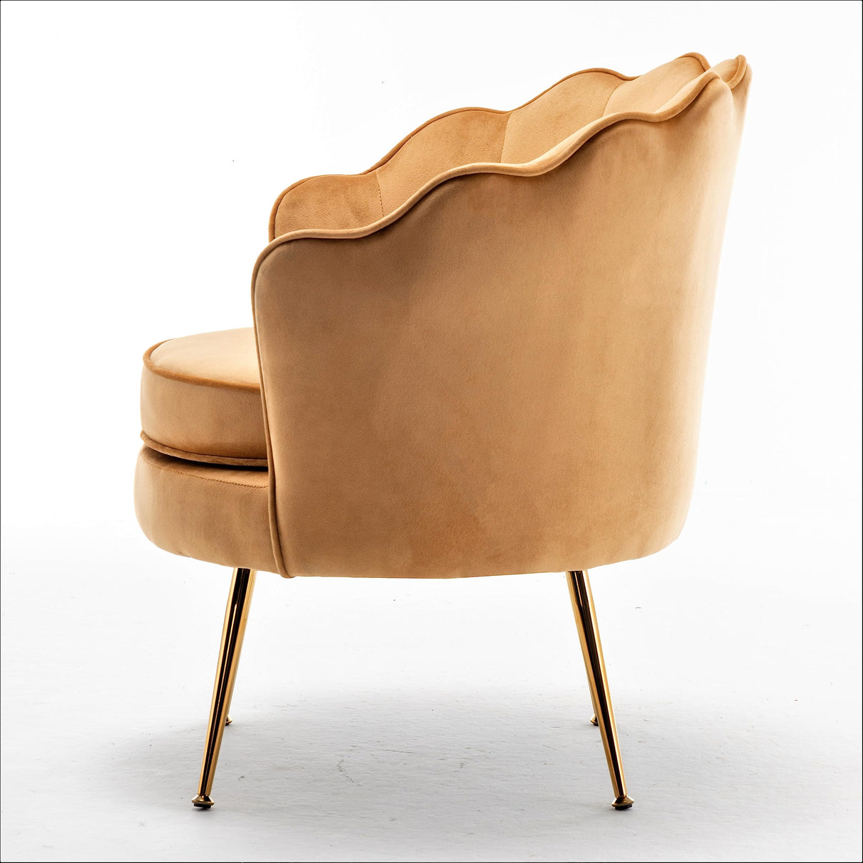 Velvet Barrel Accent Chair with Scalloped Silhouette and Gold Metal Legs, Decorative Piece Suitable for Traditional, Modern, and Contemporary Spaces, Mustard Yellow
