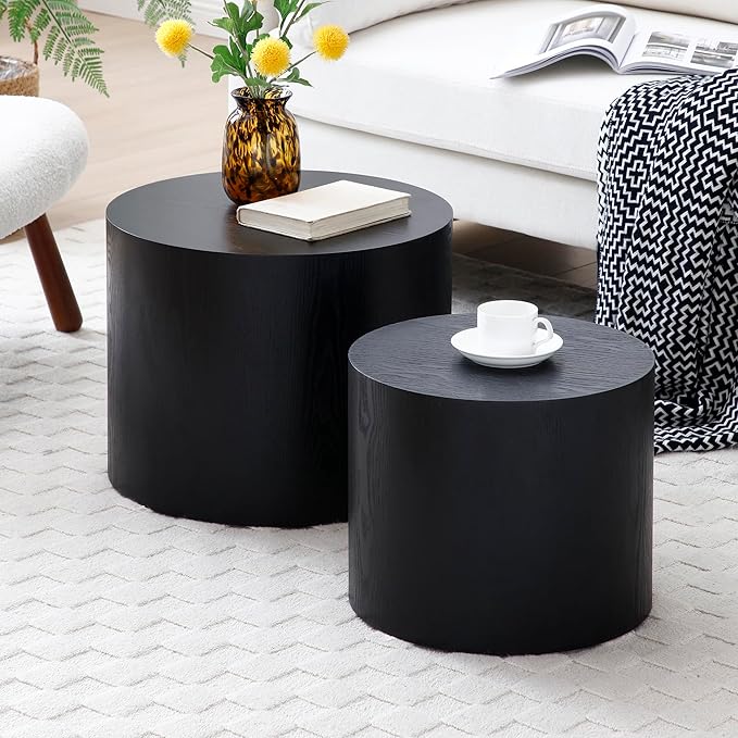 19.17'' Black Round Coffee Table with Storage Nesting Coffee Table