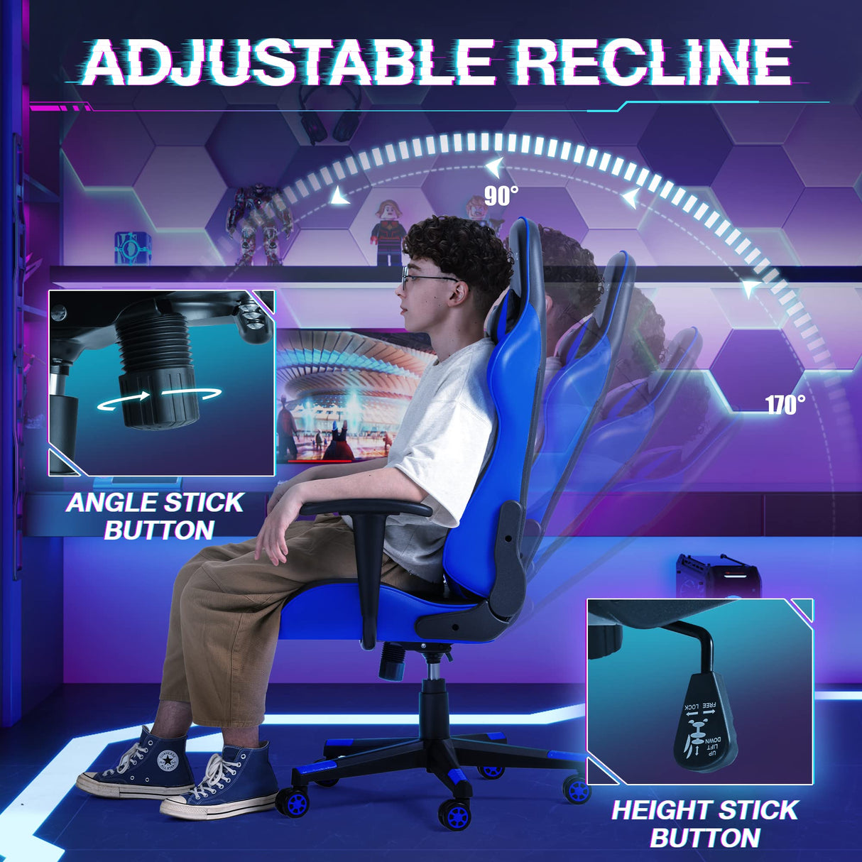 Ergonomic Gaming Chair with Lumbar Support - Blue Racing Style
