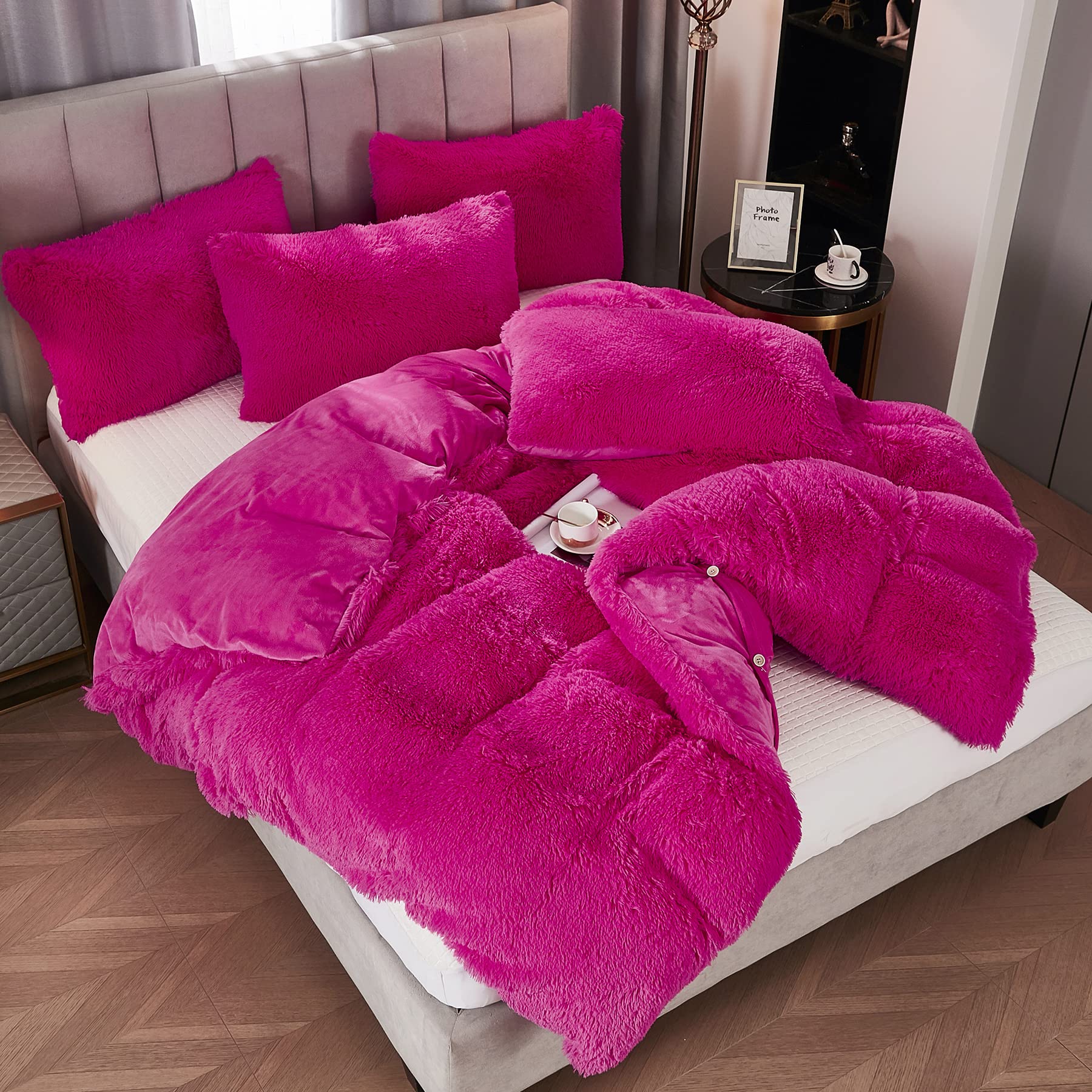 Shaggy Fluffy Faux Fur Duvet Cover Set Button Closure Velvety Bedding Set Comforter