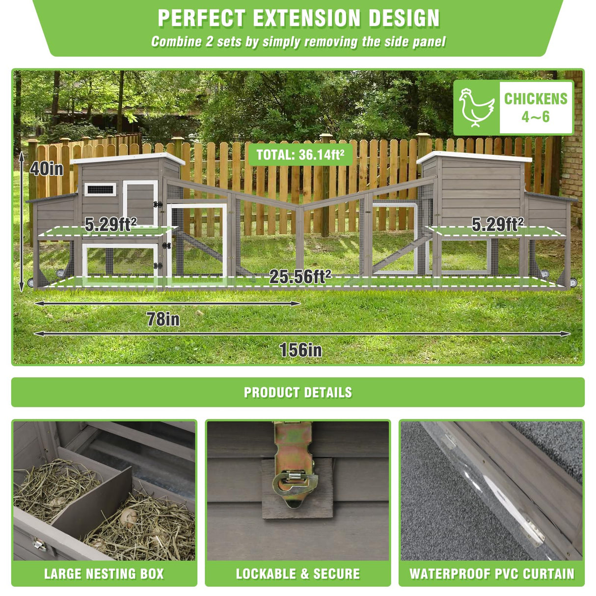 78" L Chicken Coop with Wheels Large Chicken House with Run Backyard Wooden Hen