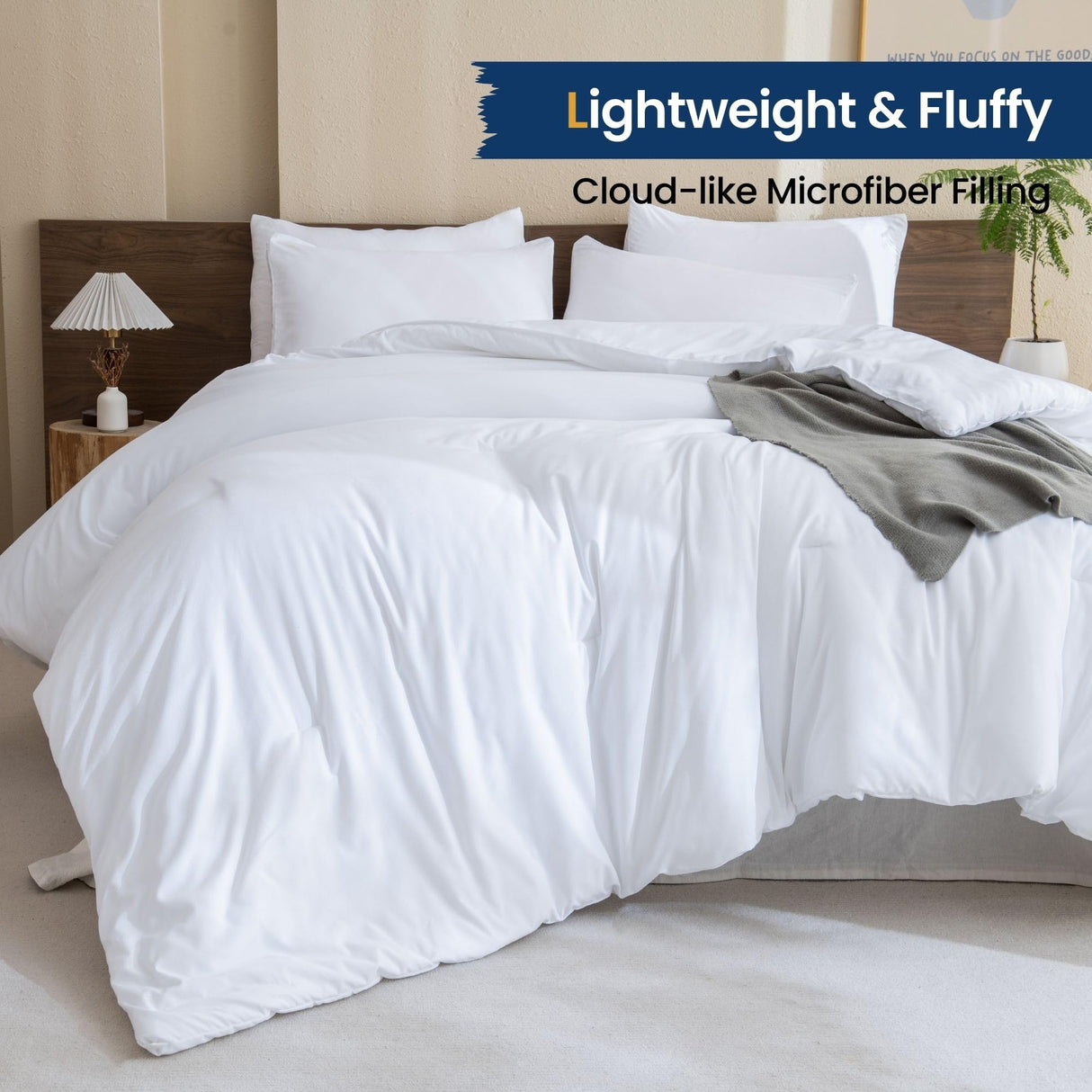 White Comforter Full Size, 3 Pieces Boho Comforter Set, Lightweight Solid Bedding Set,