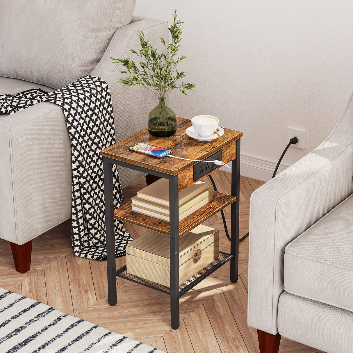 End Table with Charging Station and USB Ports, 3-Tier Nightstand with Adjustable Shelf,