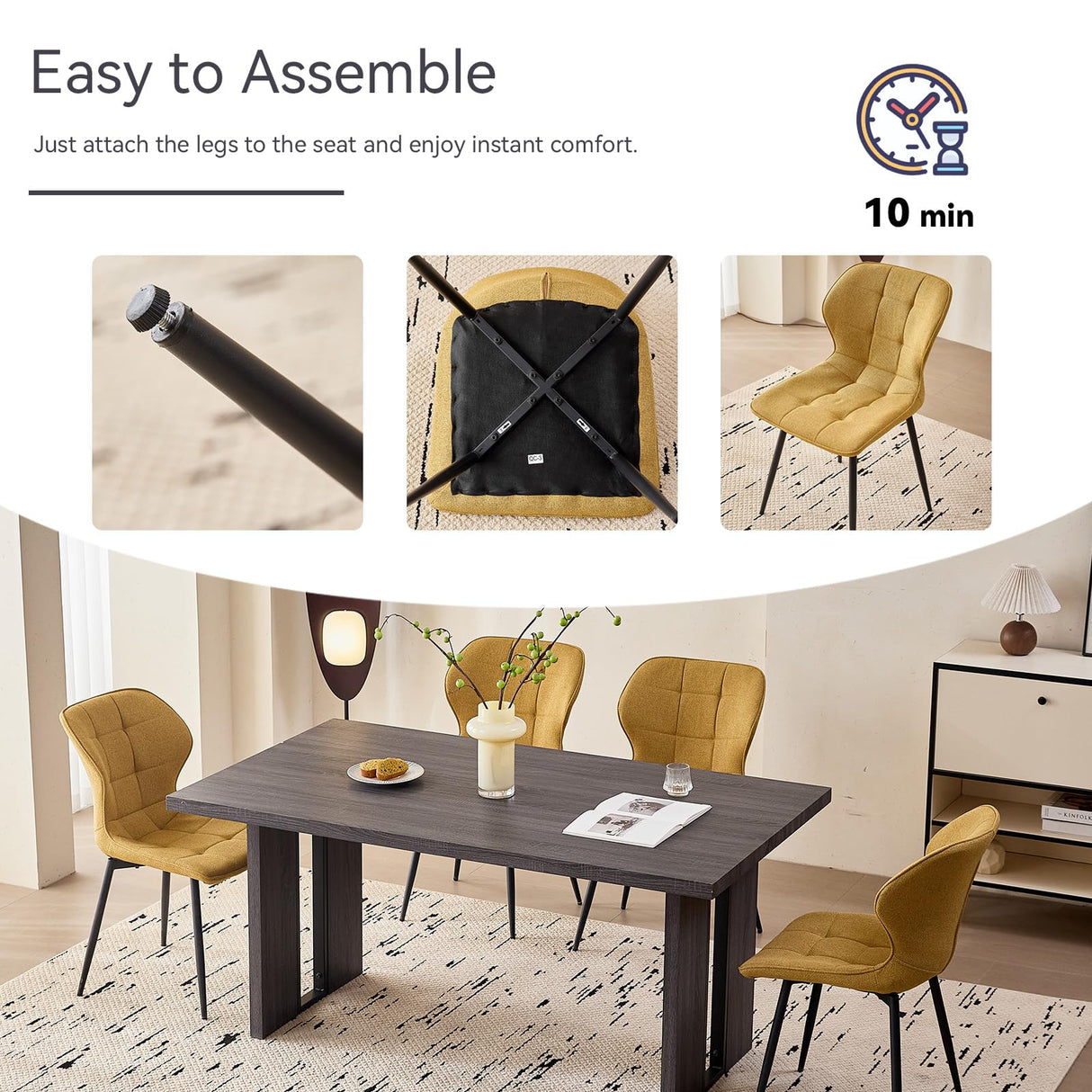 Modern Upholstered Dining Chairs Set of 4 - Water Resistant Fabric with Metal Legs