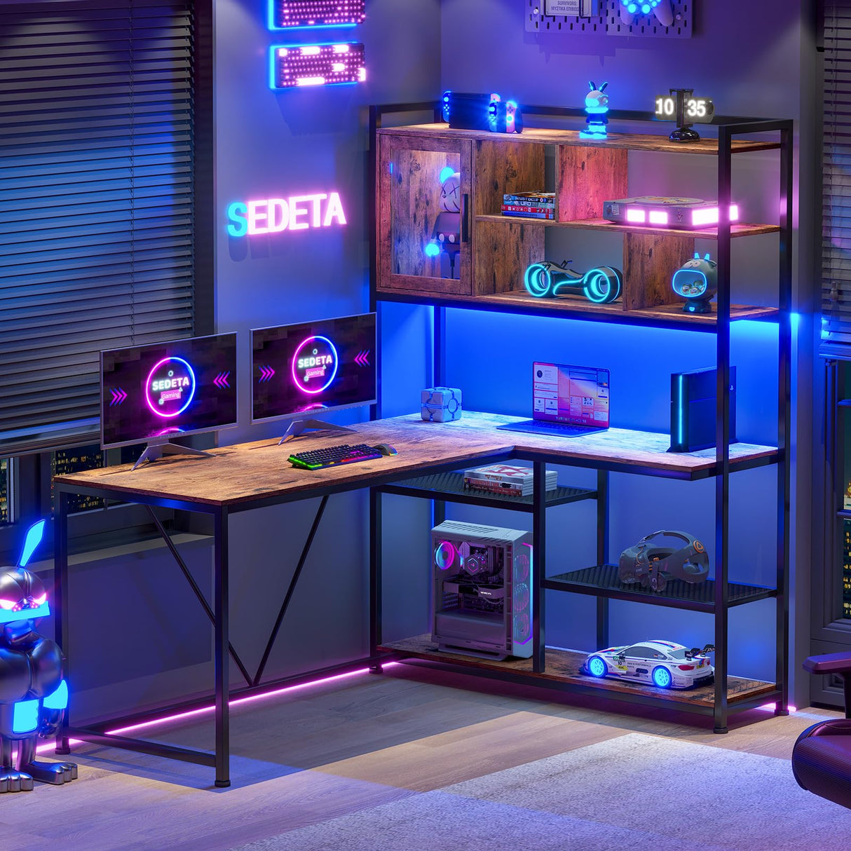 L Shaped Computer Desk, 58'' Office Desk with LED Light and Bookshelf