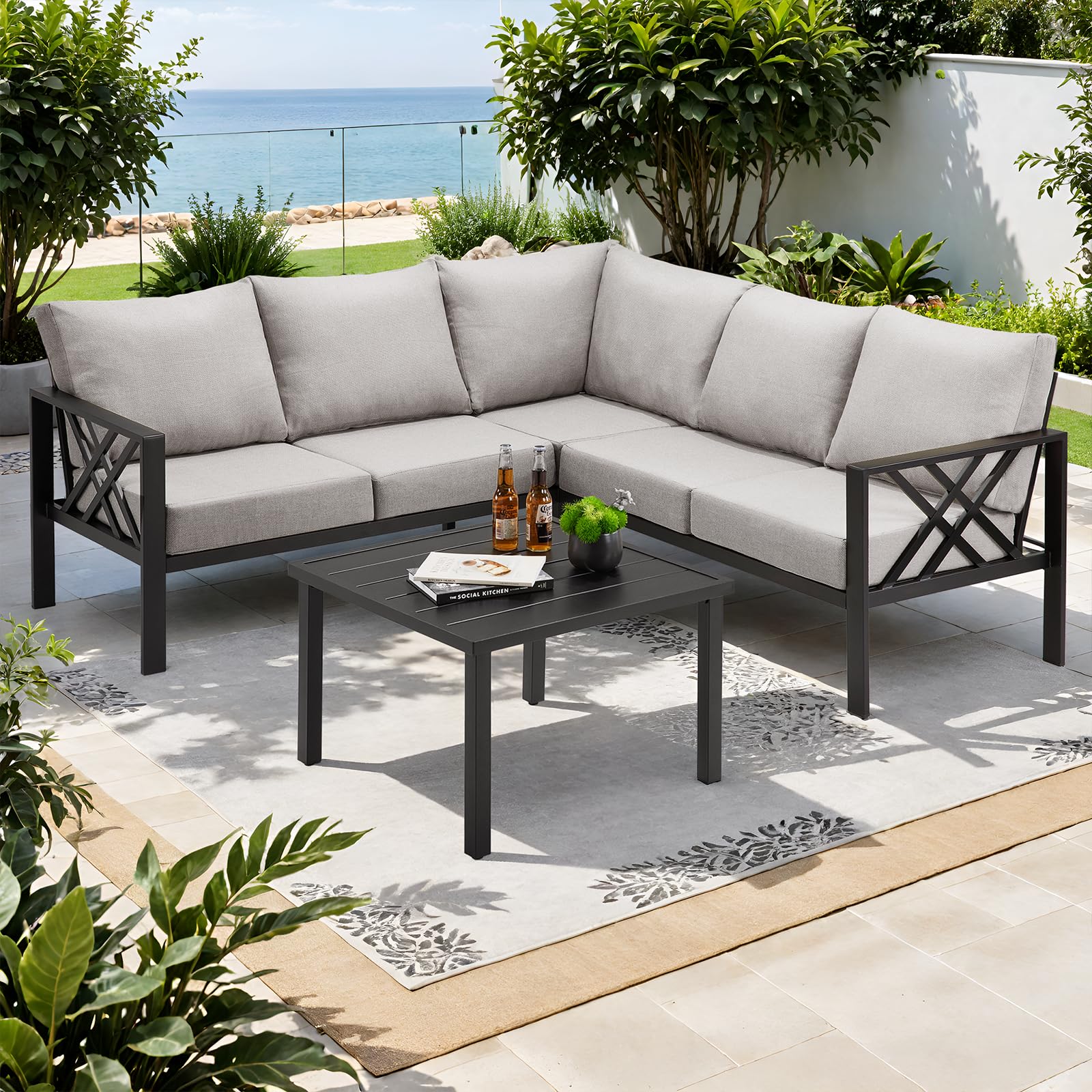 Patio Furniture Set, 6 Pieces L-Shaped Outdoor Couch Sectional with 2.4" Wide Armrest