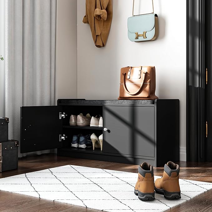 Wood Shoe Storage Bench with Cushion Seat, 2 Doors & 4 Storage Compartments, Entryway Shoe Rack Bench for Bedroom, Hallway, White and Grey (35.8āL x 13.7āW x 18.1āH)