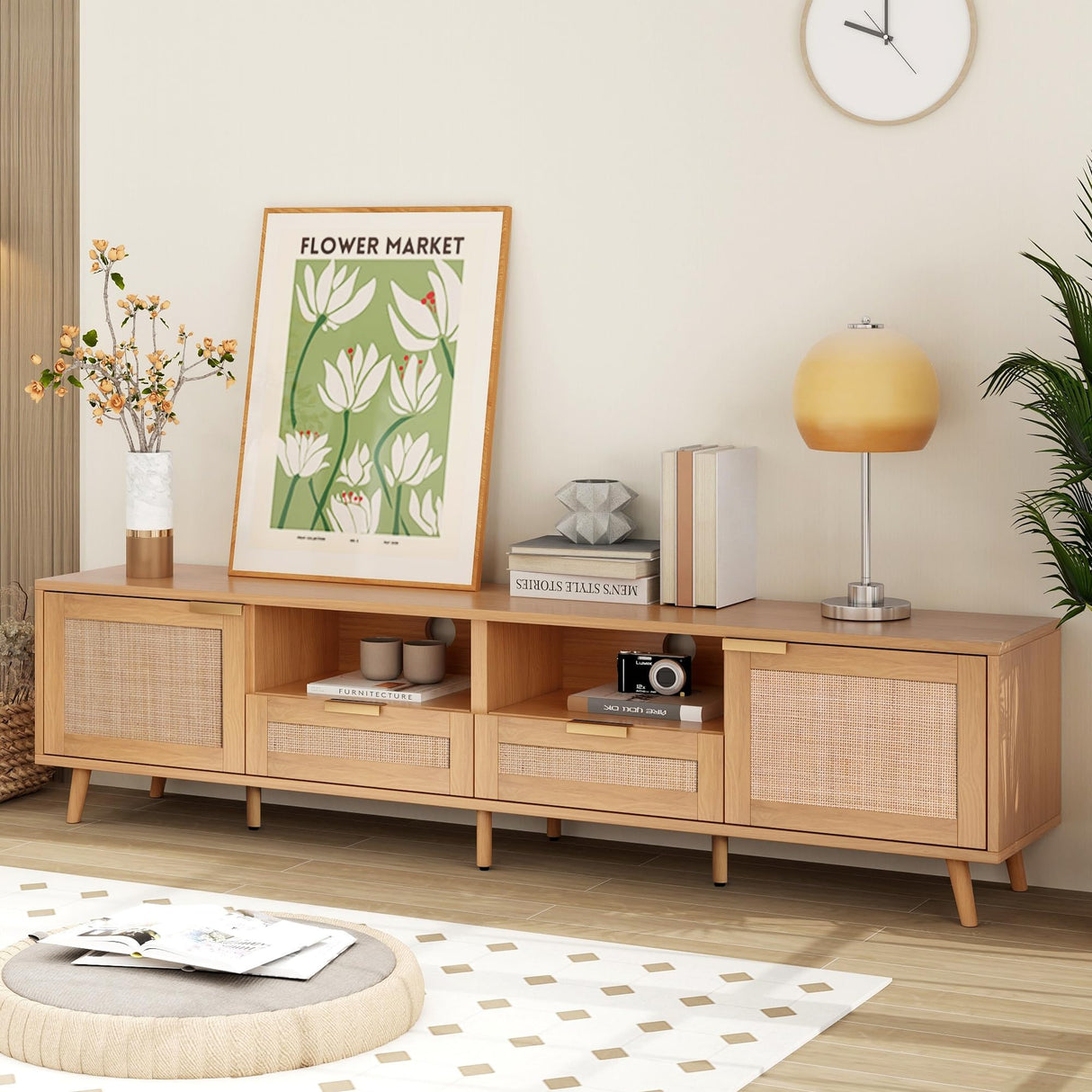 Rattan TV Stand for TVs up to 85'', Modern Farmhouse Media Console